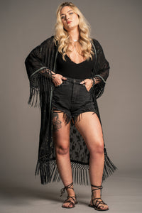 Electric Lady Kimono with studded trim and fringe hem detail