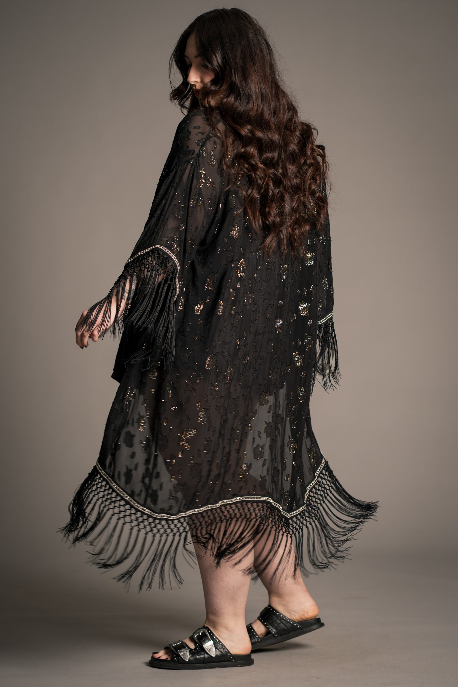 Electric Lady Studded Kimono layered over slip dress