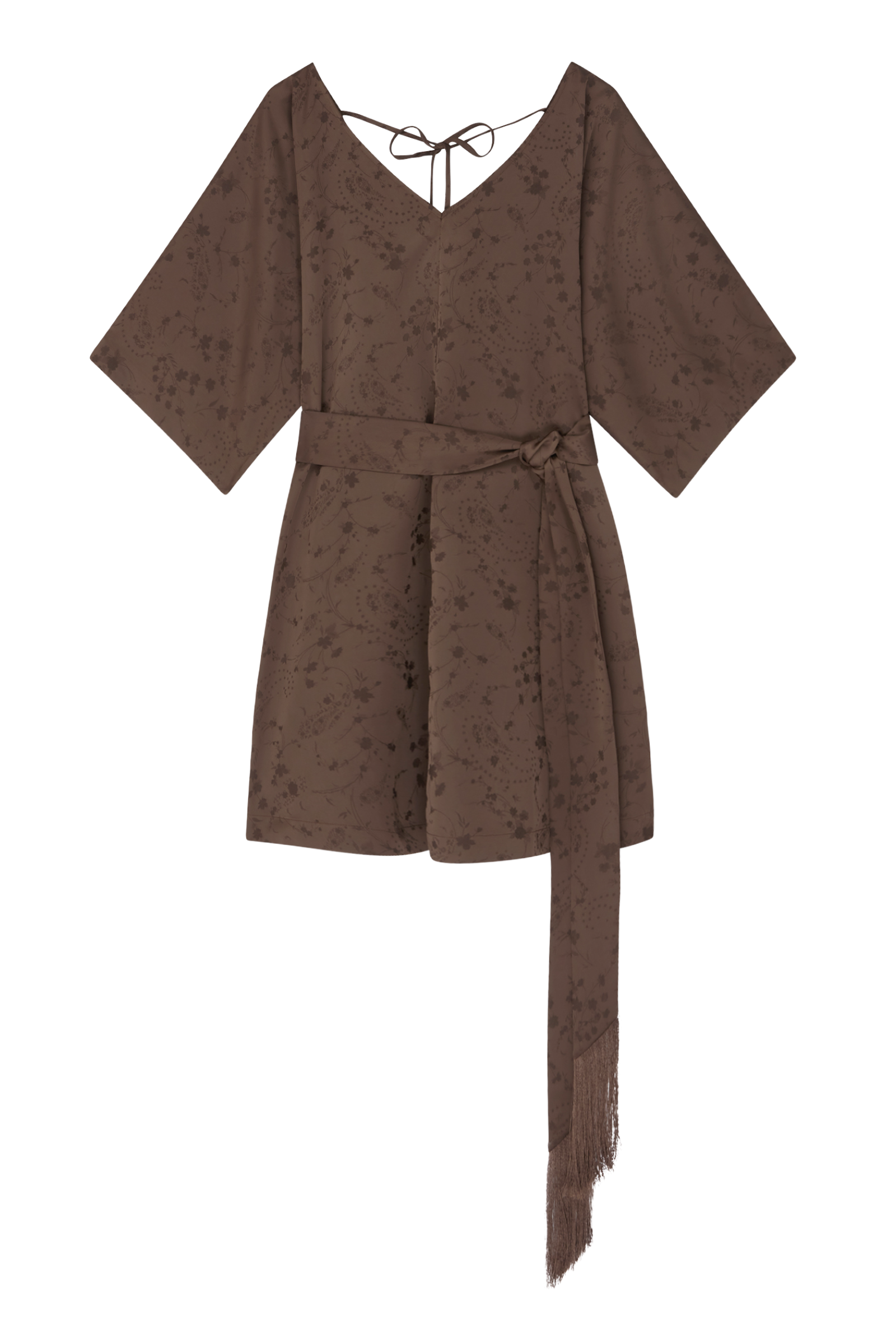 Ghost image of Evermore Espresso Batwing Mini Dress, with brown floral detail, wide sleeves, tie back and fringed belt.