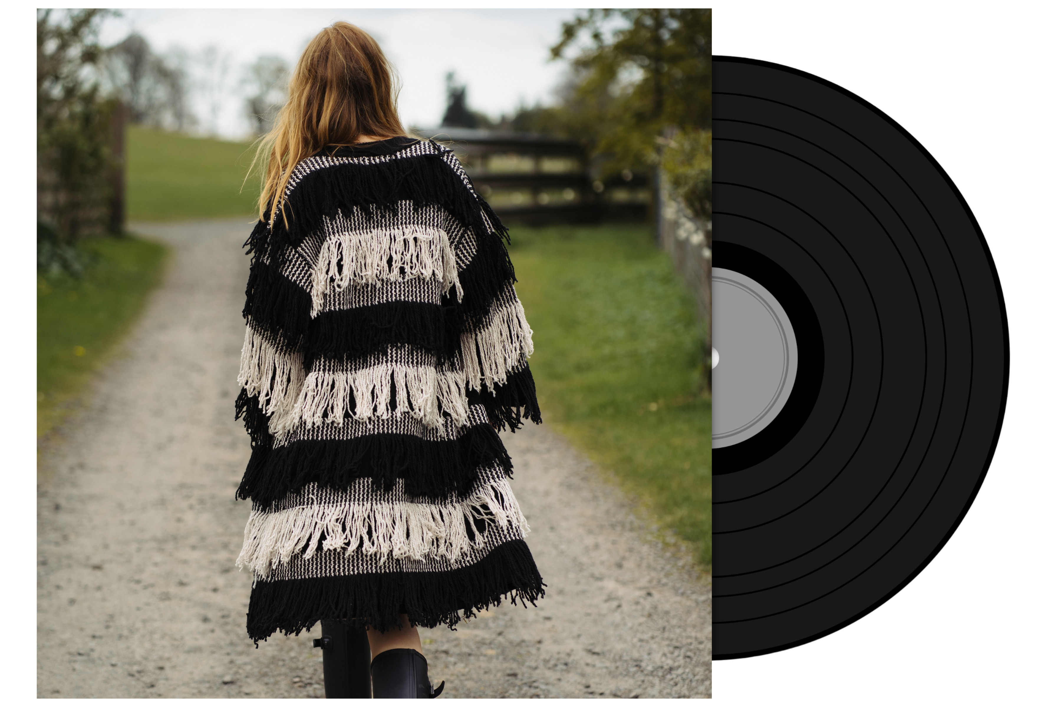 Model wearing a Desperado striped knit cardigan walking on a path as an album cover with a vinyl record sleeve.