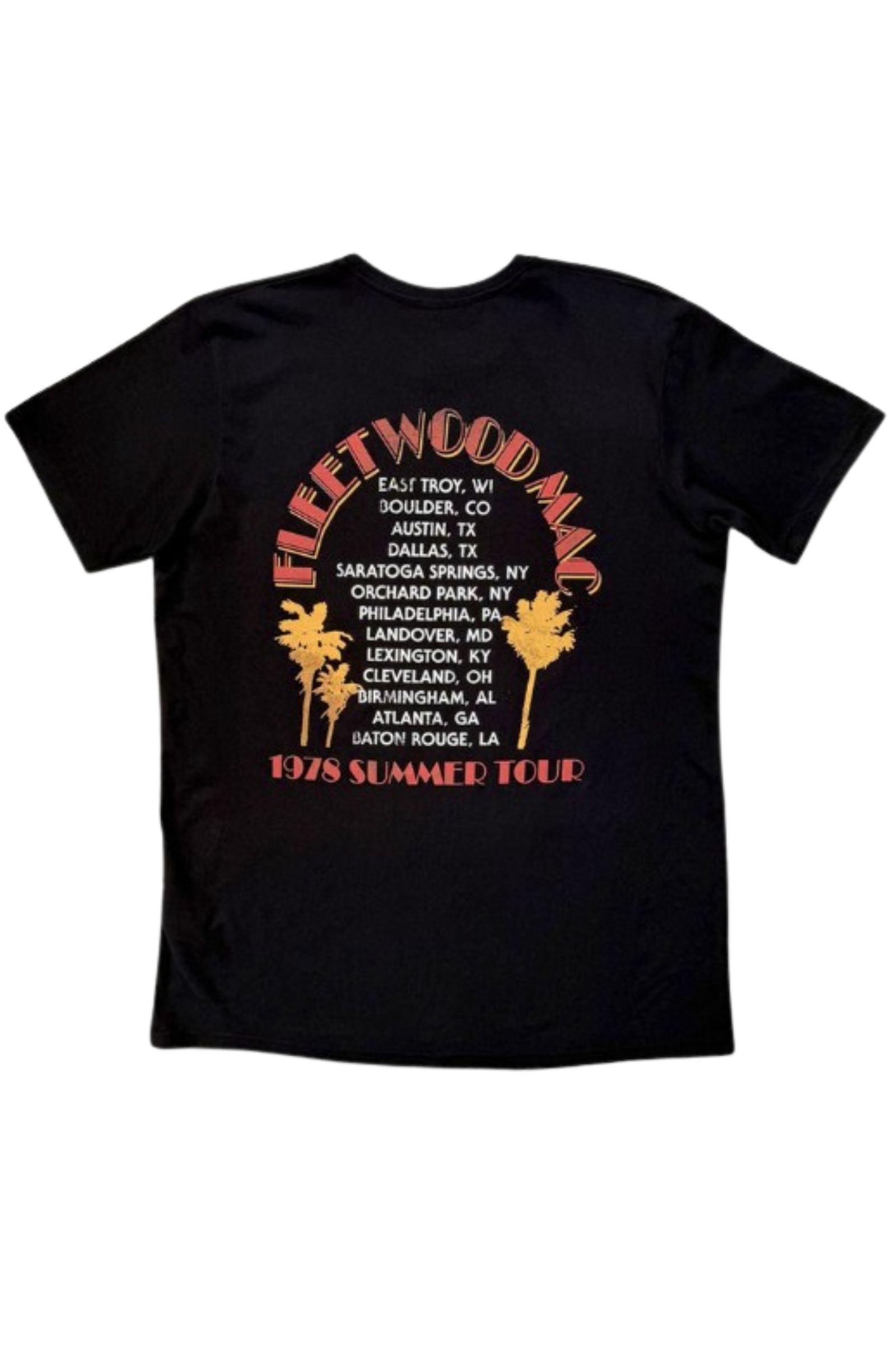 Back ghost image of the Fleetwood Mac Summer Tour band t-shirt showing 1978 tour dates and palm tree artwork.