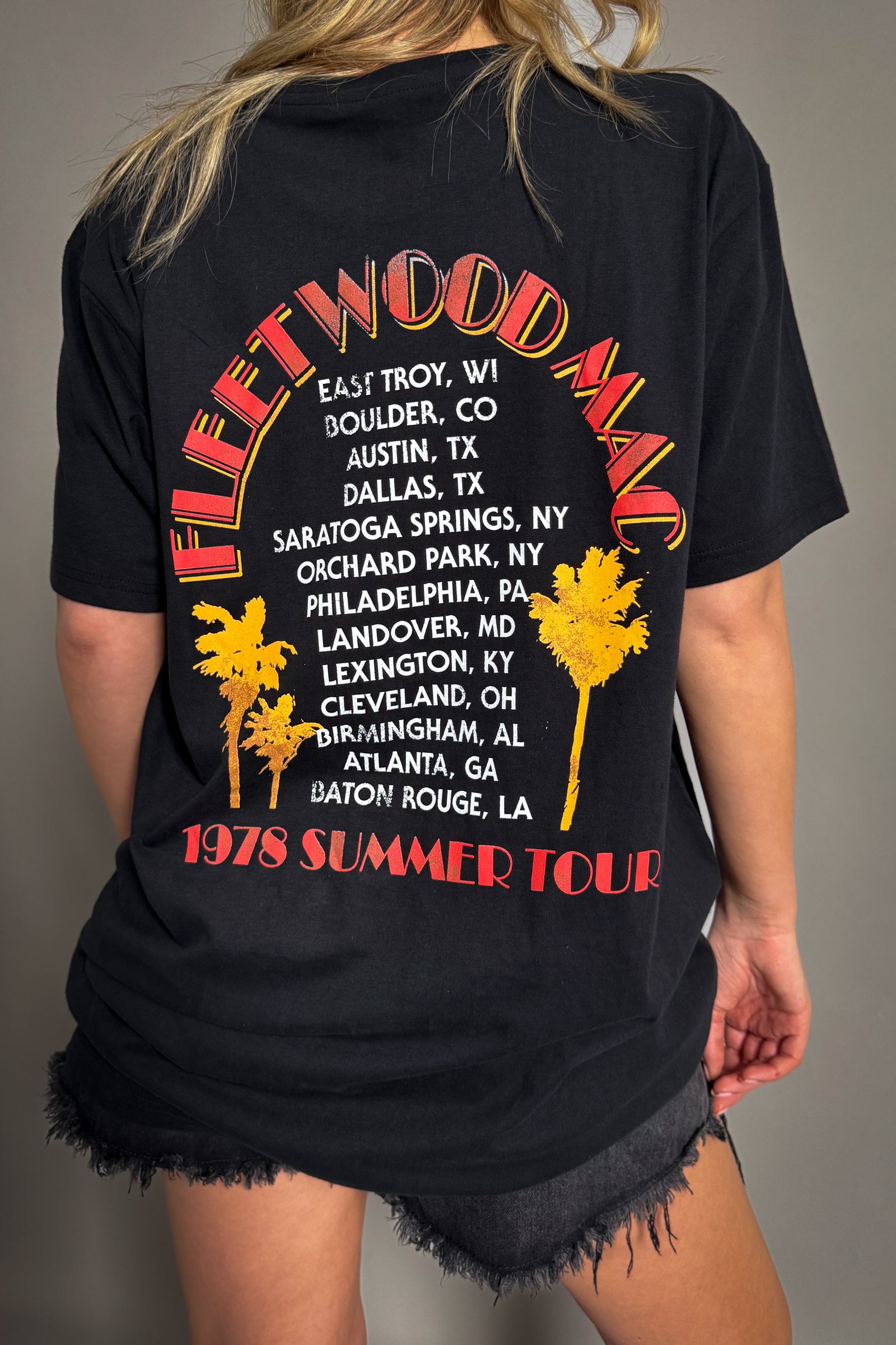 Back view of the Fleetwood Mac Summer Tour band t-shirt showing 1978 tour dates and palm tree artwork.