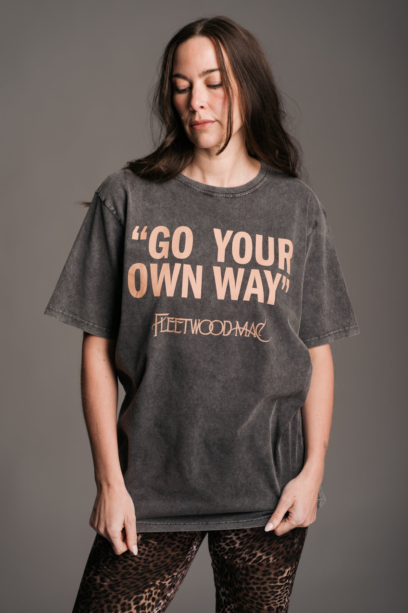 Fleetwood Mac Go Your Own Way Charcoal Band Tee worn with Hendrix Leopard Velvet Flares on Brunette Model