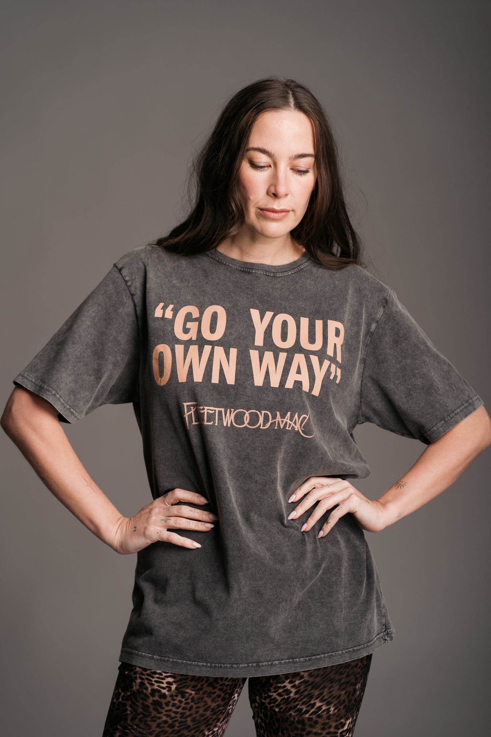 Fleetwood Mac Go Your Own Way Charcoal Band Tee worn with Hendrix Leopard Velvet Flares on Brunette Model
