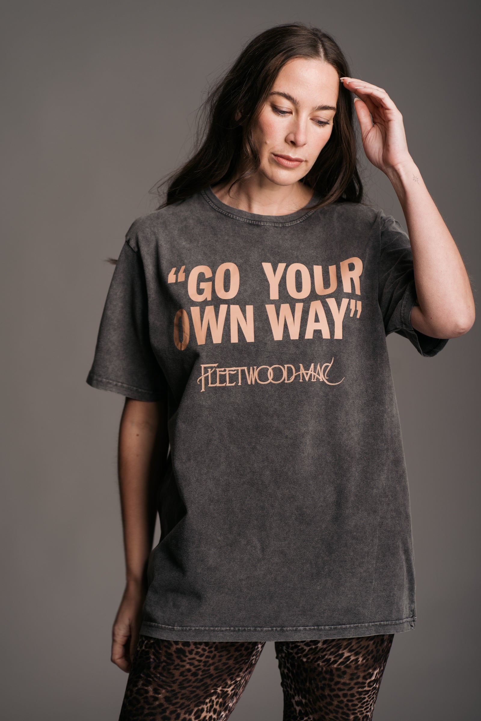 Fleetwood Mac Go Your Own Way Charcoal Band Tee worn with Hendrix Leopard Velvet Flares on Brunette Model