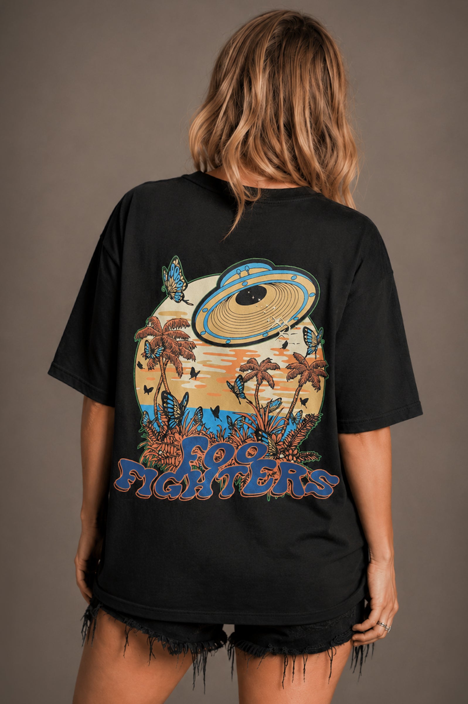Little Lies Foo Fighters oversized band tee in black with space butterflies and cosmic graphic print on back