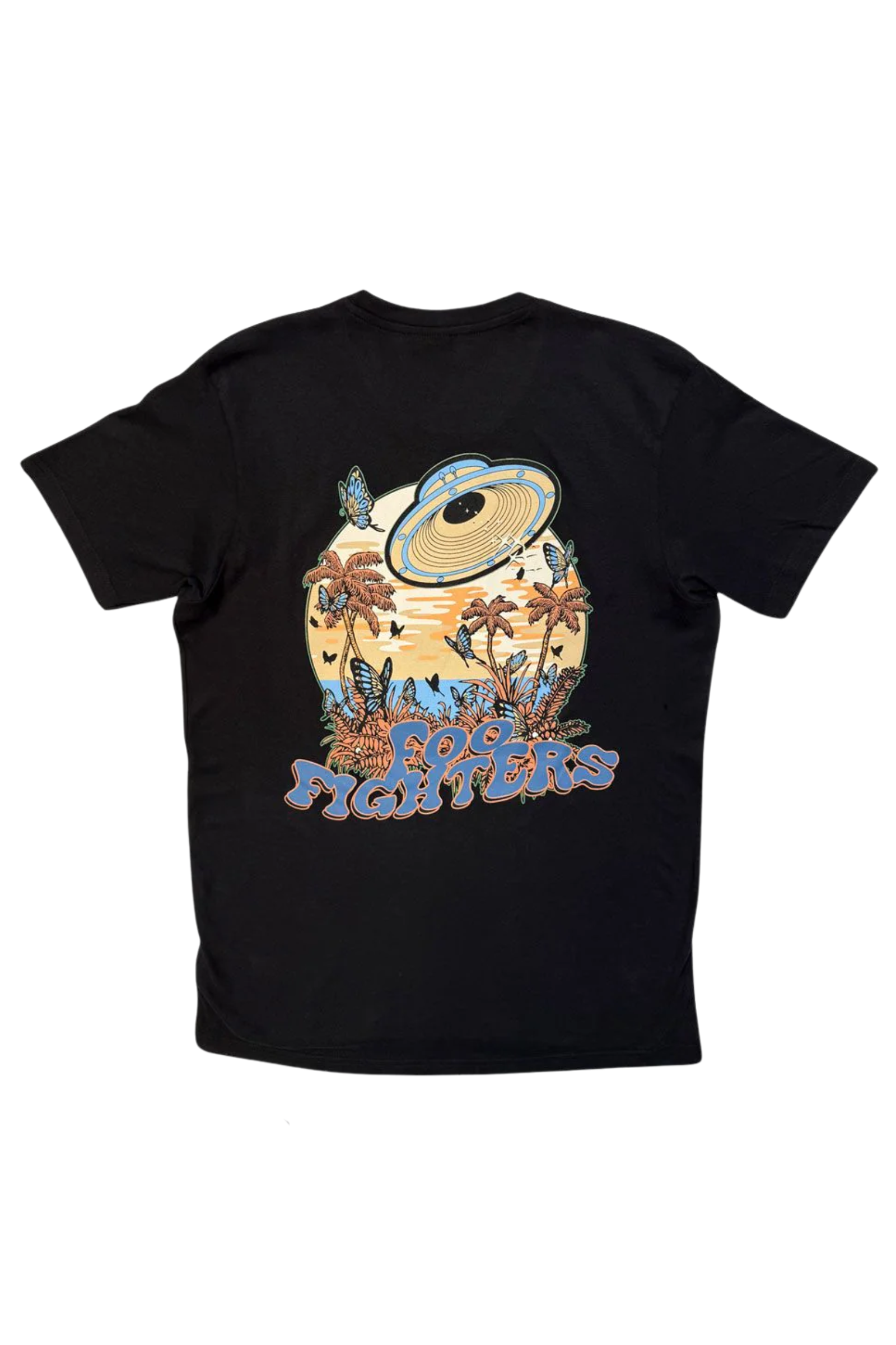 Back ghost image of Little Lies Foo Fighters Space Butterflies Band Tee in black showing butterflies palm trees and UFO graphic