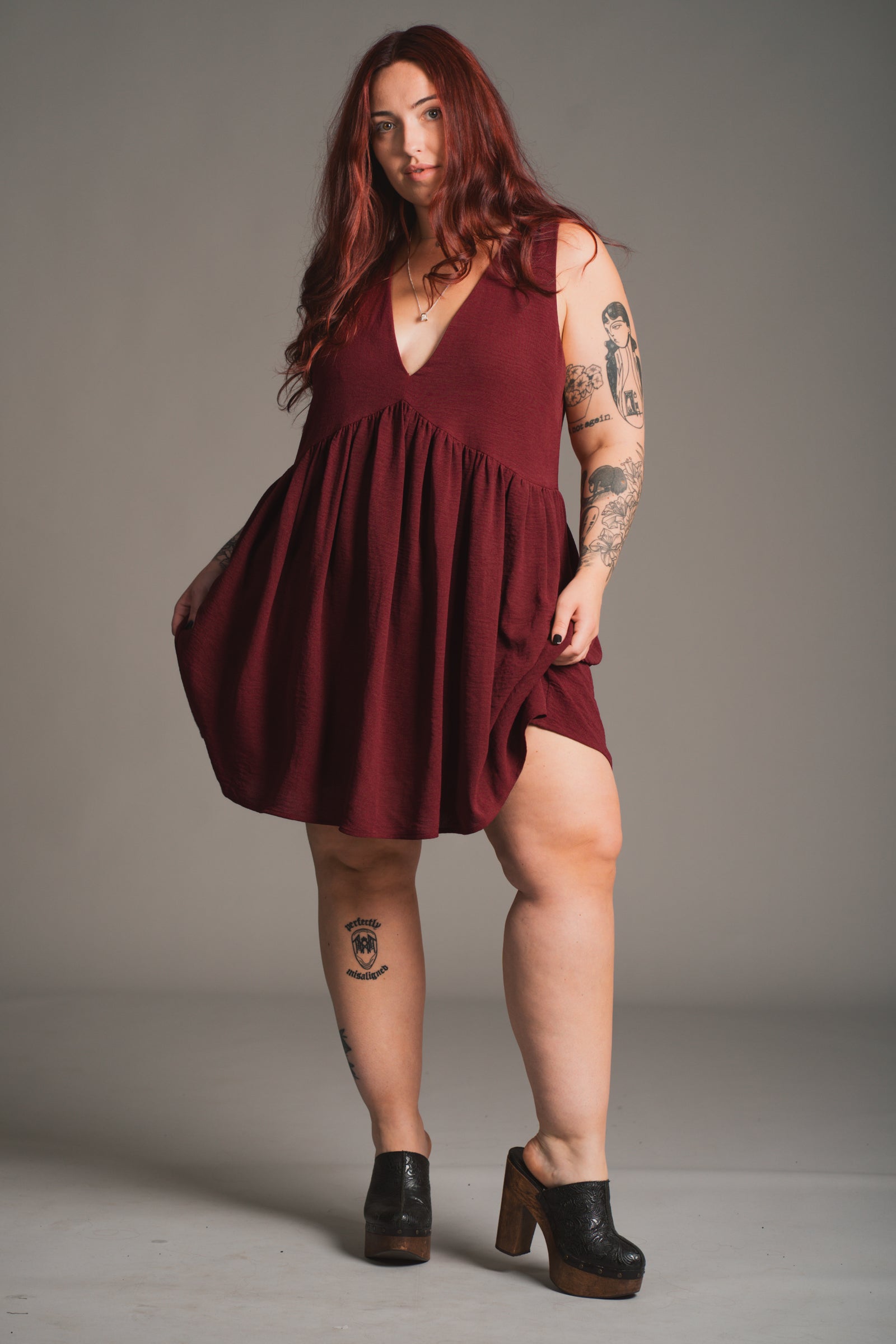 Little Lies Grace Plum Smock Dress styled showing easy summer everyday look
