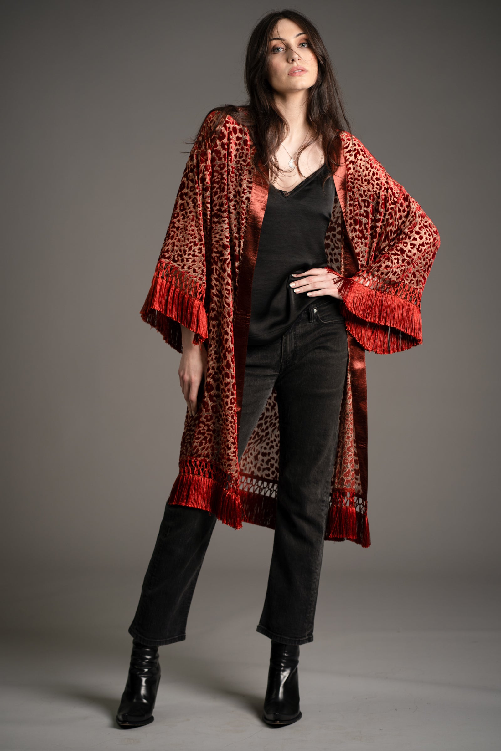 green emerald velvet dress Florence Rust Fringed Floral Kimono Boho Dress main image 1