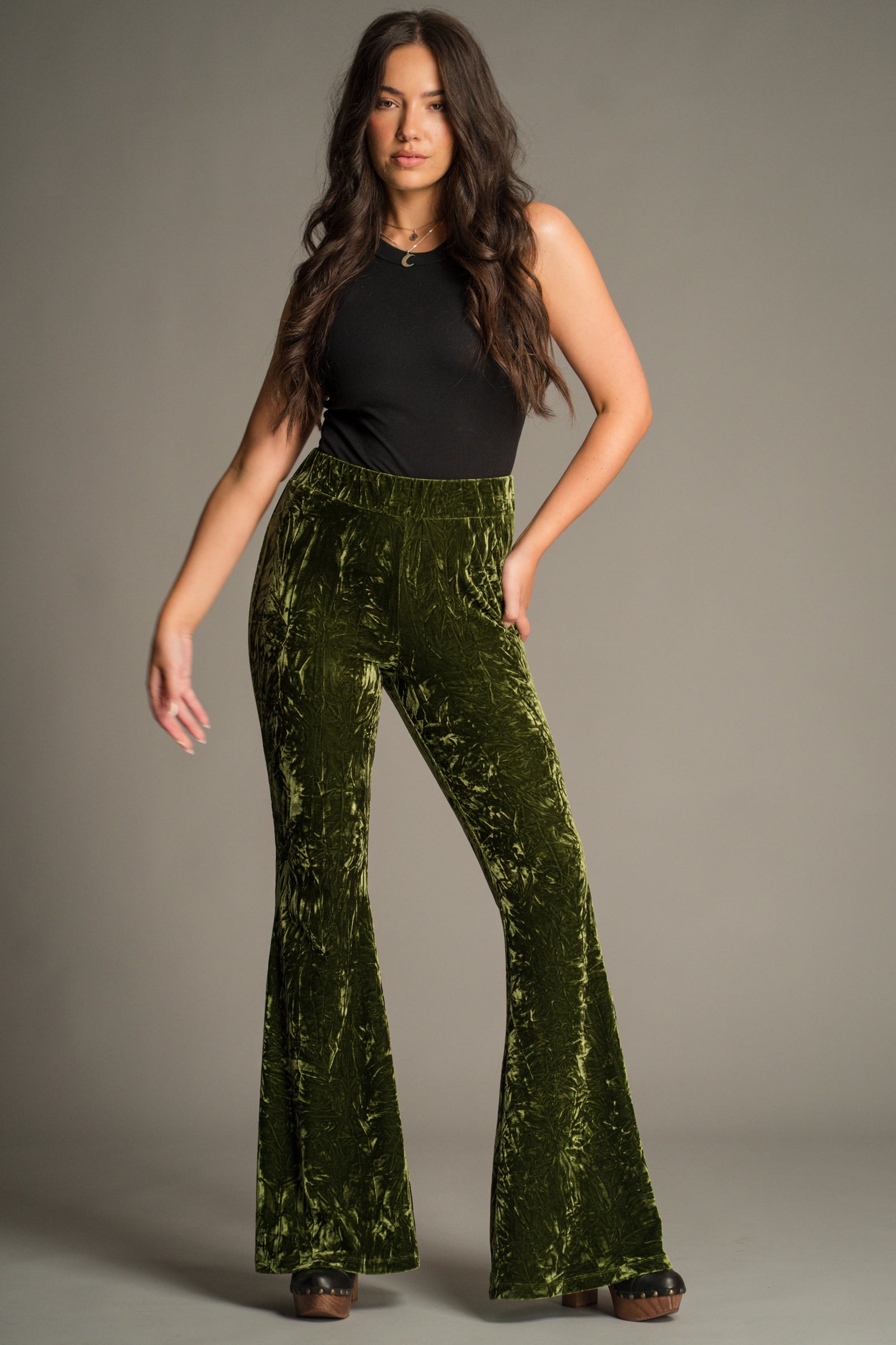 Hendrix Olive Crushed Velvet Flares