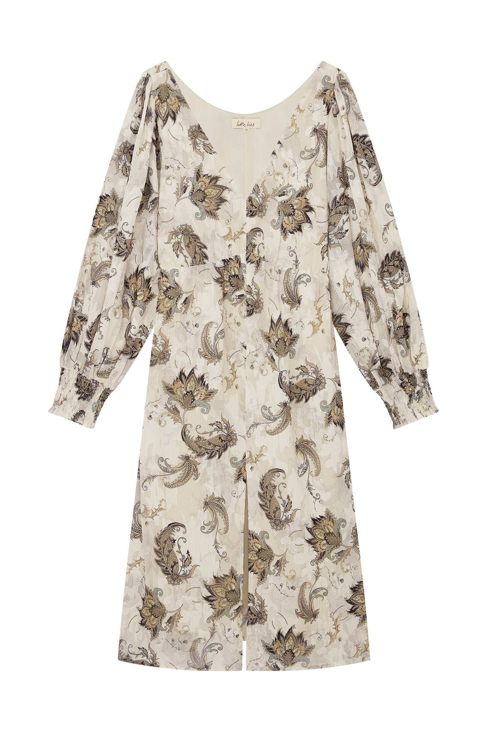 Harvest Moon Paisley Midi Dress with beige base, brown and gold paisley print, V-neckline, and puffed sleeves