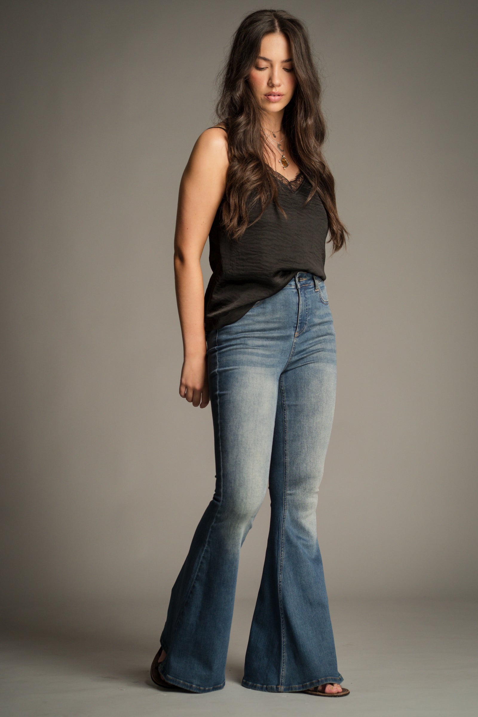 Hendrix Blue Denim Flares in vintage-wash blue, full length model view.