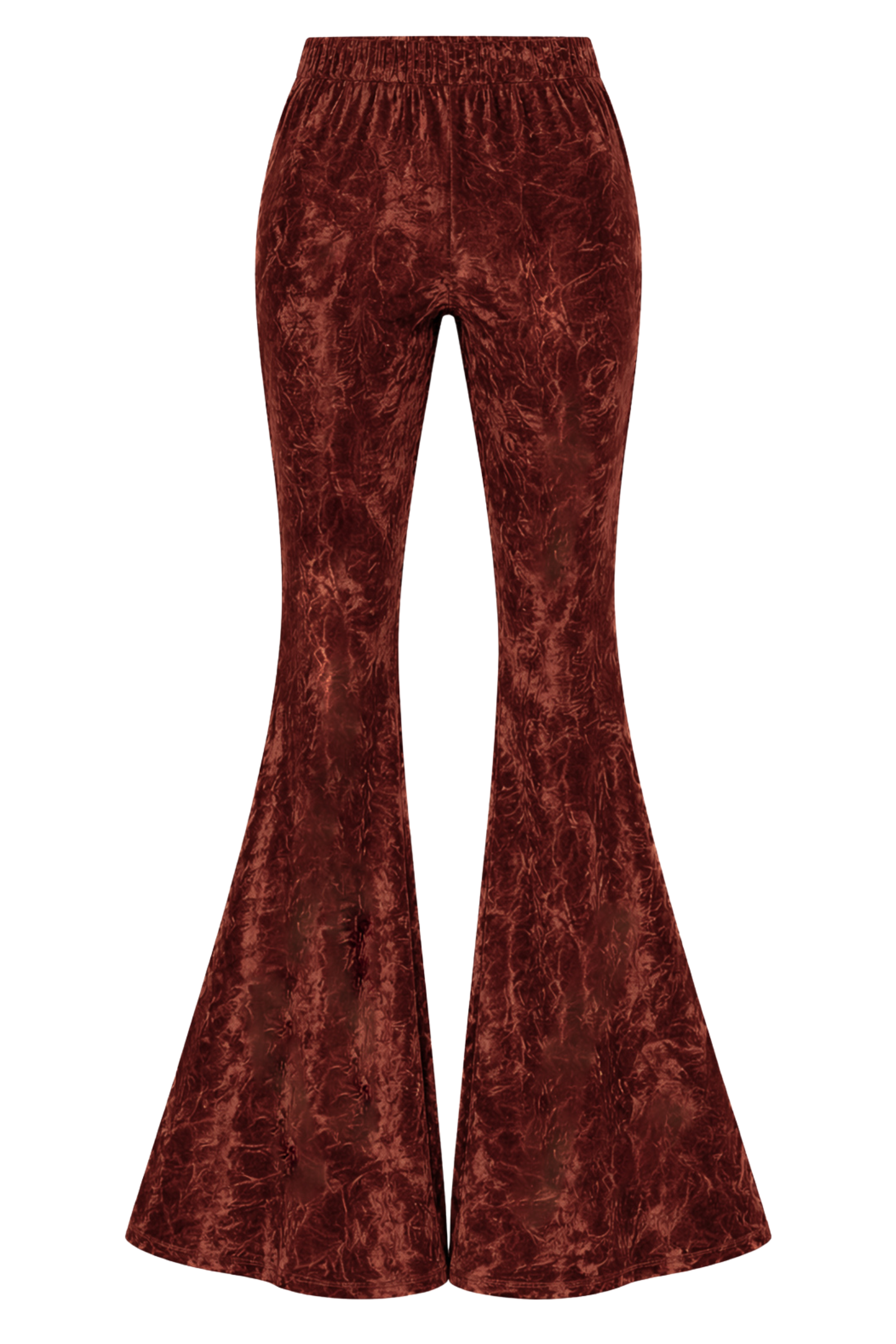Little Lies Hendrix rust crushed velvet flared trousers with elastic waist. Ghost image