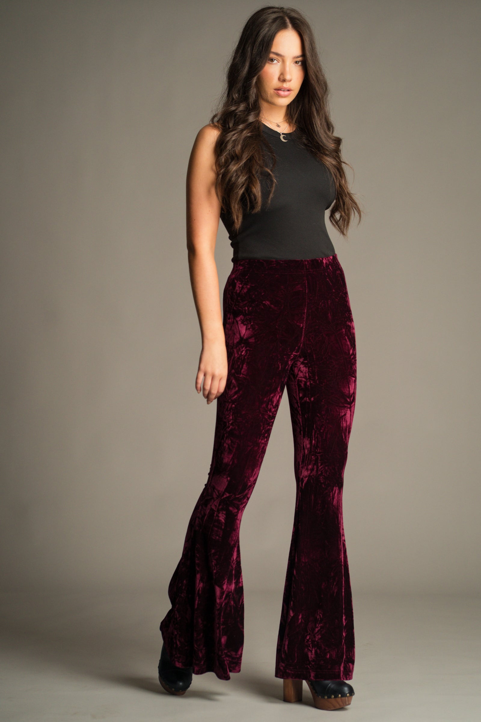 Side view of the Hendrix Merlot Crushed Velvet Flares in rich merlot velvet.