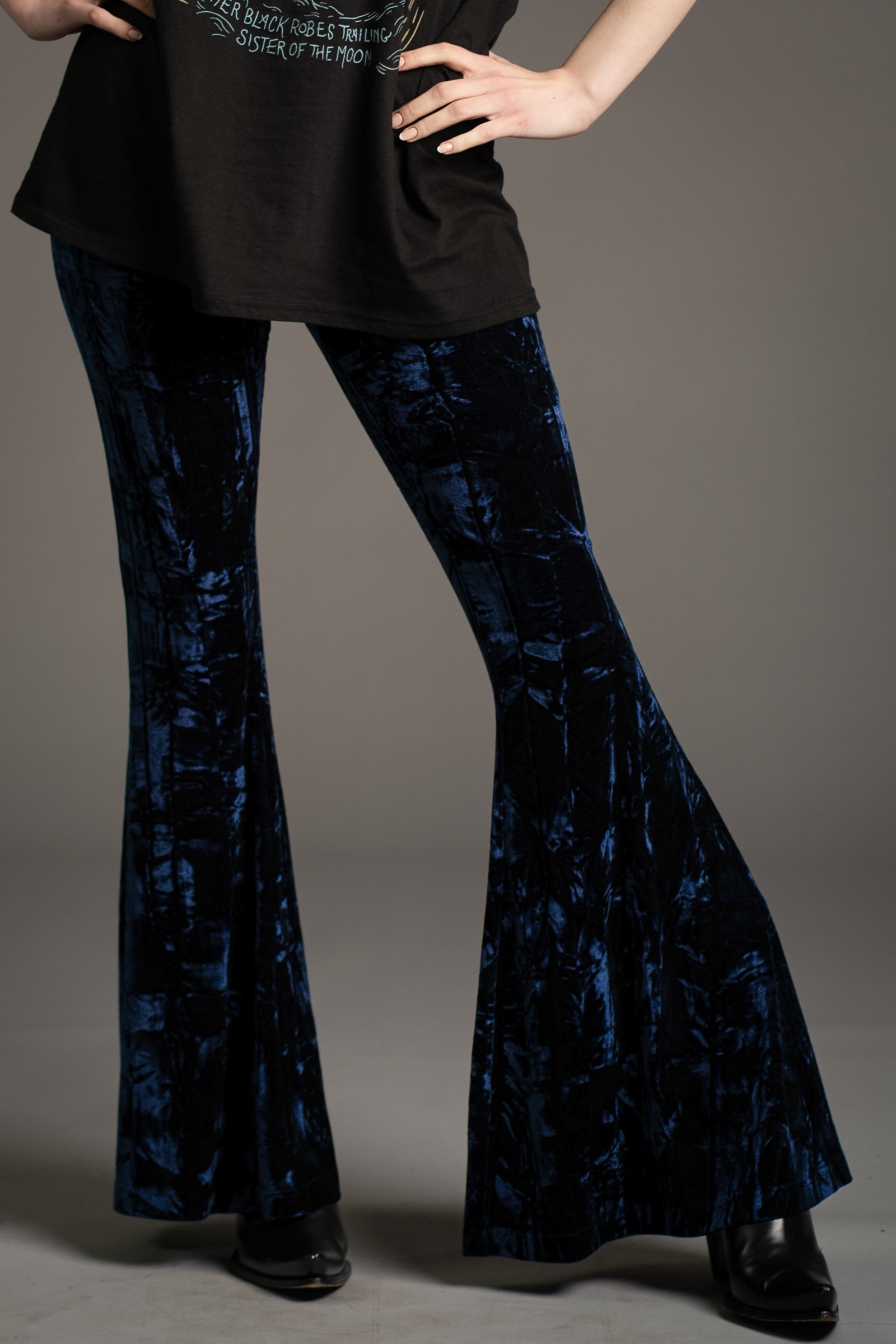 Hendrix Midnight Blue Crushed Velvet 70s Flares | Little Lies