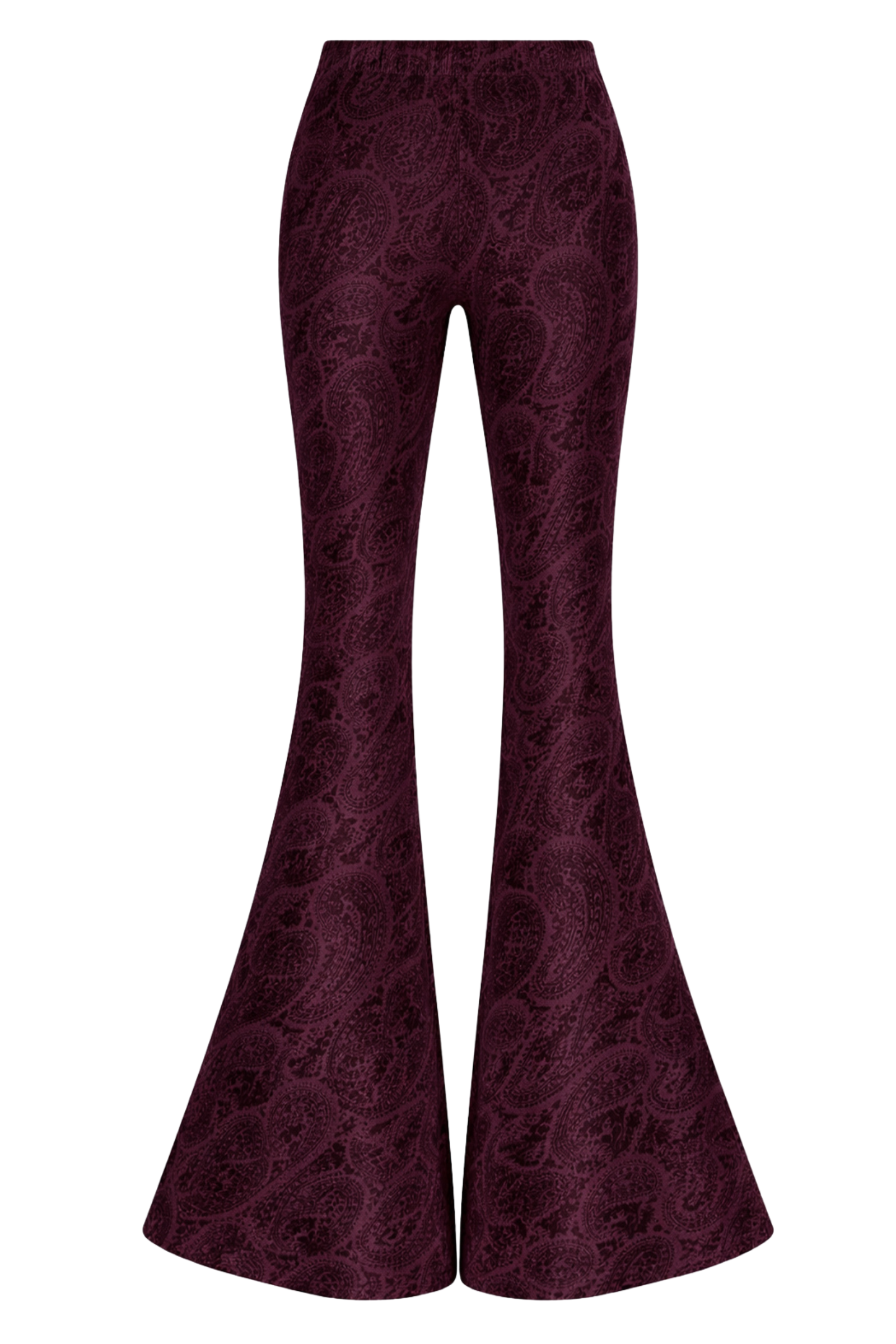 Little Lies Hendrix Plum Devore velvet flared trousers with elastic waist. Ghost Image