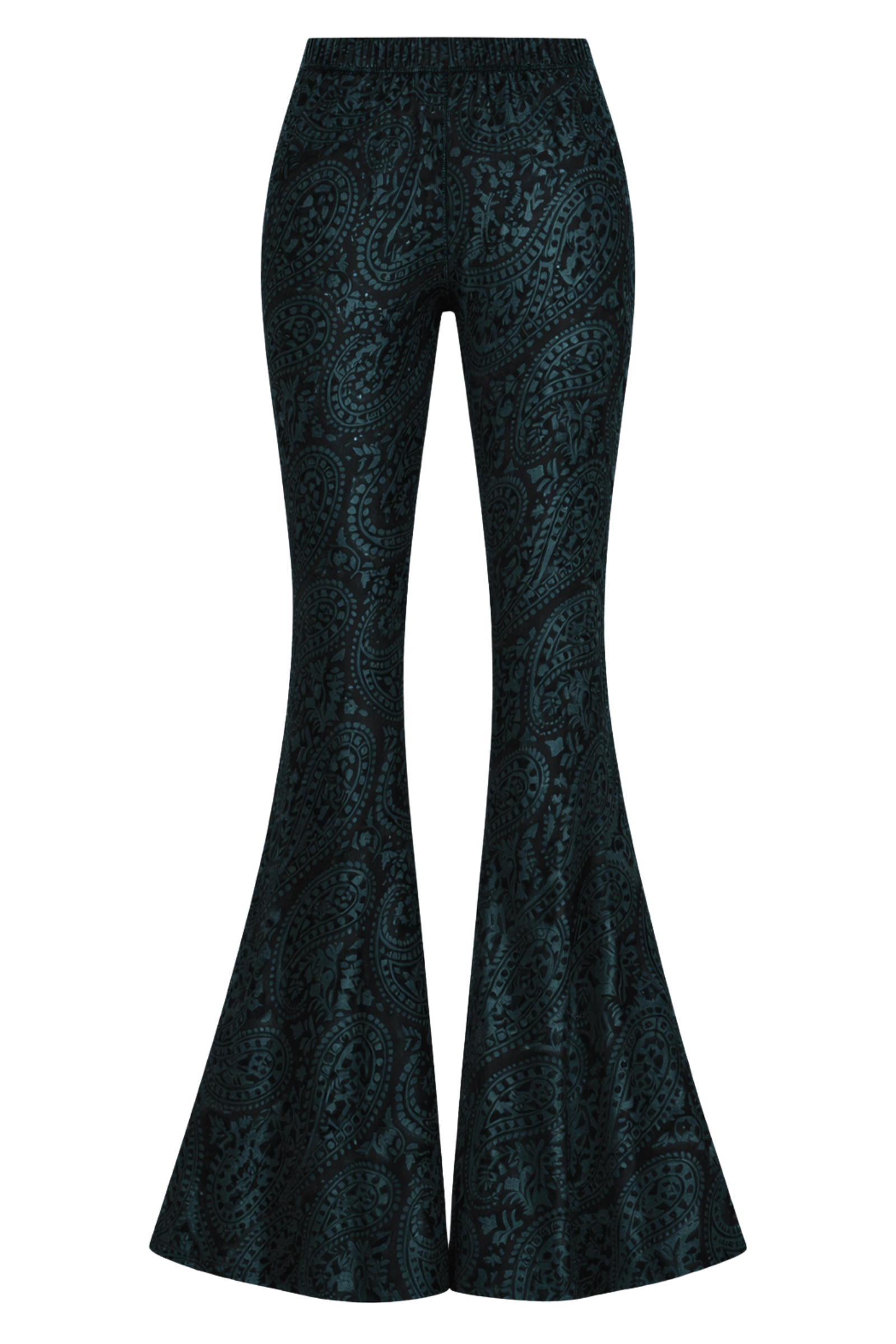 Little Lies Hendrix teal devore velvet flared trousers with elastic waist. Ghost image