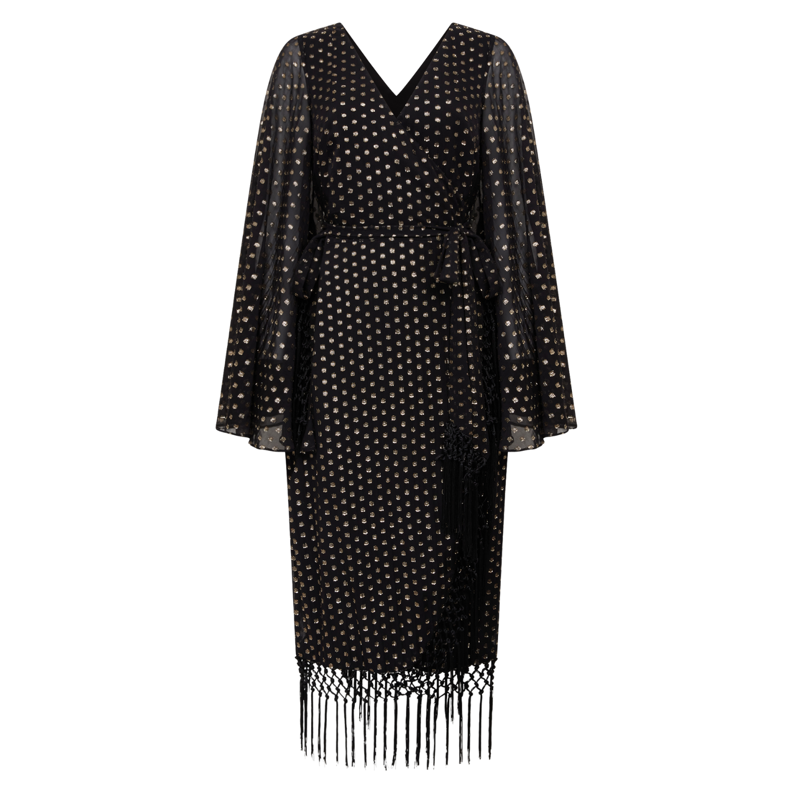Ghost image of Little Lies Cosmic Dancer black wrap dress with metallic polka dots, sheer bell sleeves, and fringe hem – glamorous evening outfit
