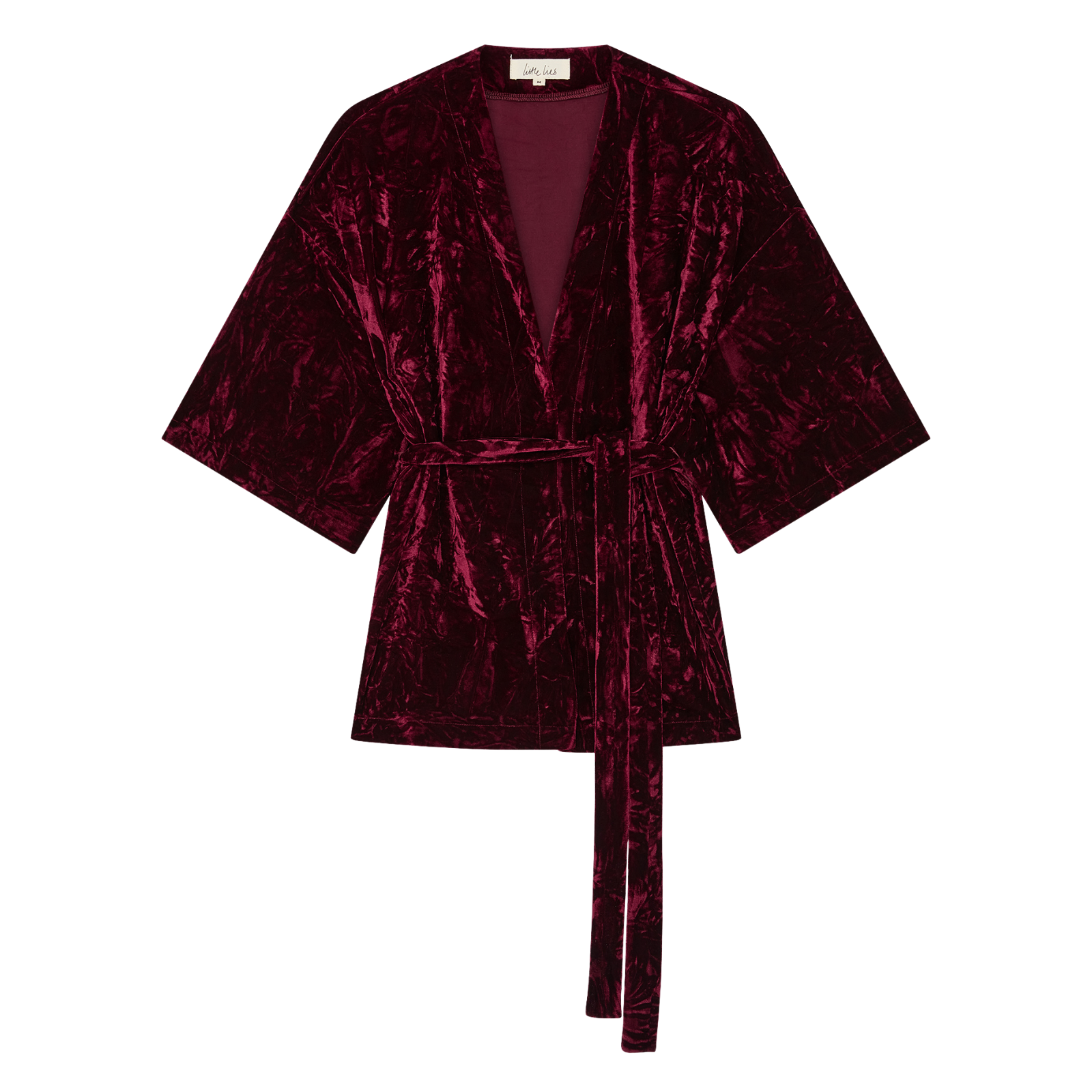 Lana Merlot Velvet Kimono with deep burgundy velvet, wide sleeves, and tie waist
