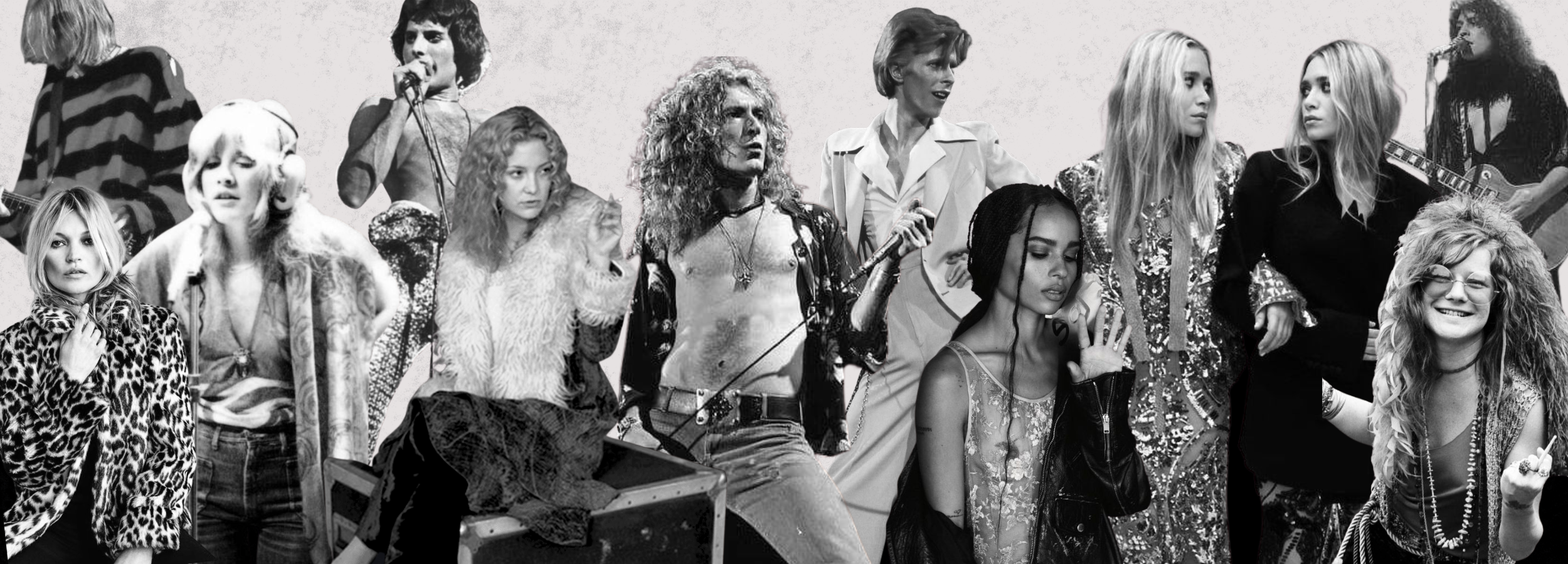 Collage of 70s and 90s rock icons including Stevie Nicks, Robert Plant, the Olsen twins, Kate Hudson, Zoë Kravitz, Kate Moss, David Bowie, Janis Joplin, Marc Bolan and Freddie Mercury.