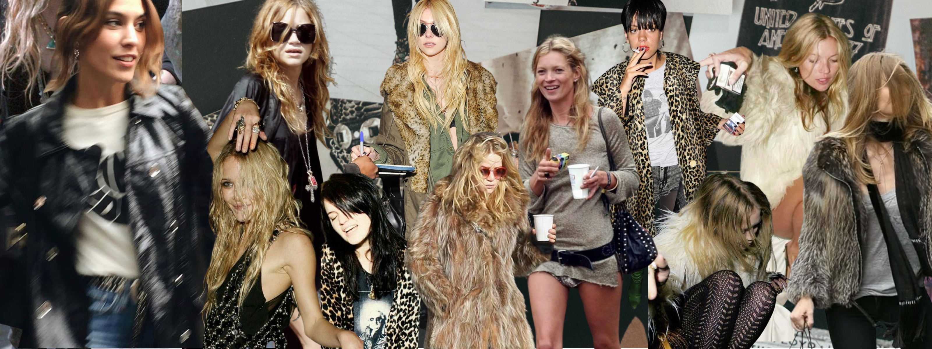 Collage of indie‑sleaze outfits featuring faux‑fur coats, leather jackets, leopard print layers, distressed tights, oversized tees, mini dresses and tousled hair in chaotic night‑out street‑style settings