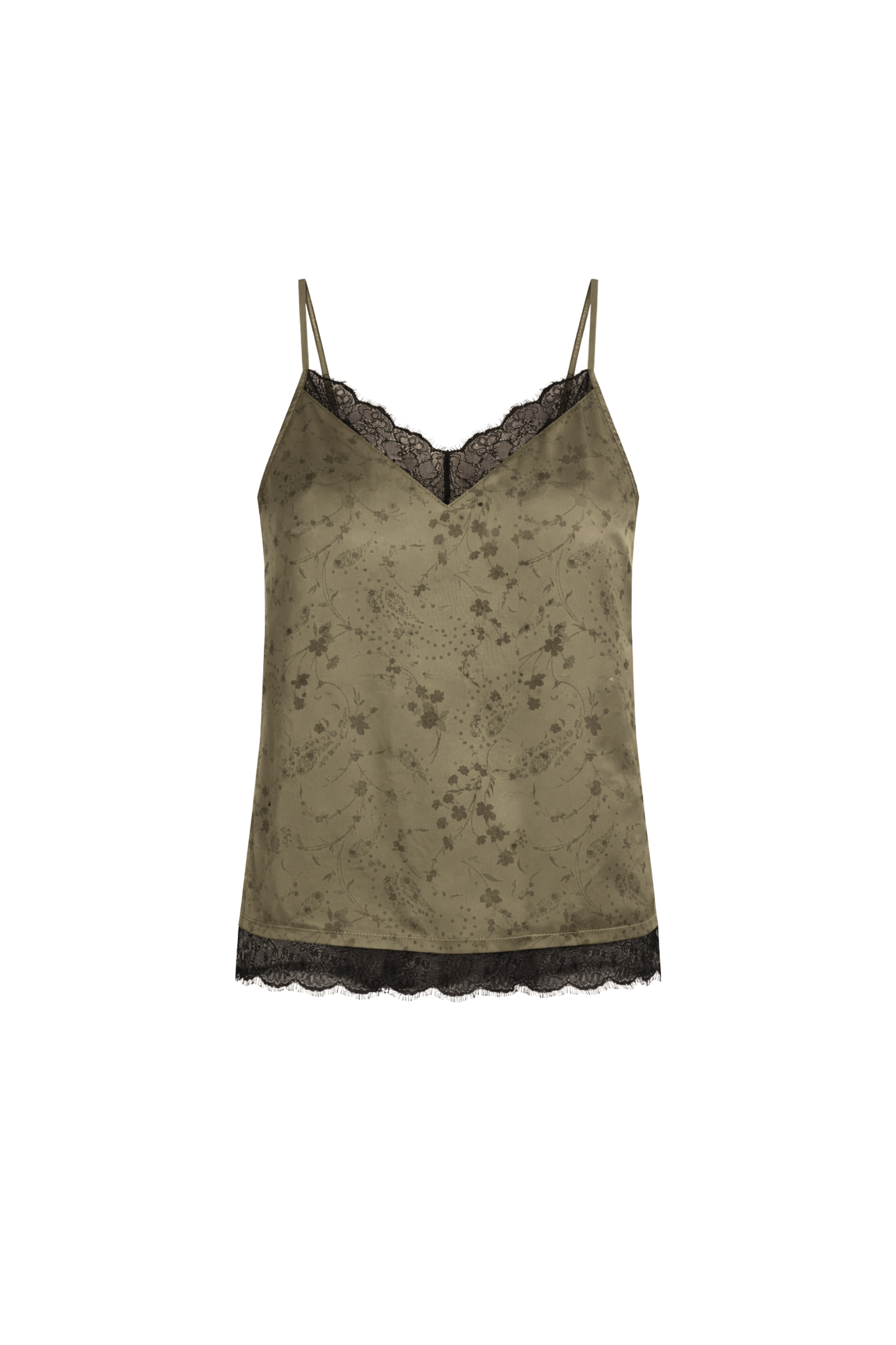 Little Lies Iris Satin Cami in sage satin with tonal floral jacquard and black lace trim. ghost image