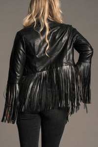 Close-up of fringe detail and faux leather finish on Little Lies Jagger Fringed Jacket