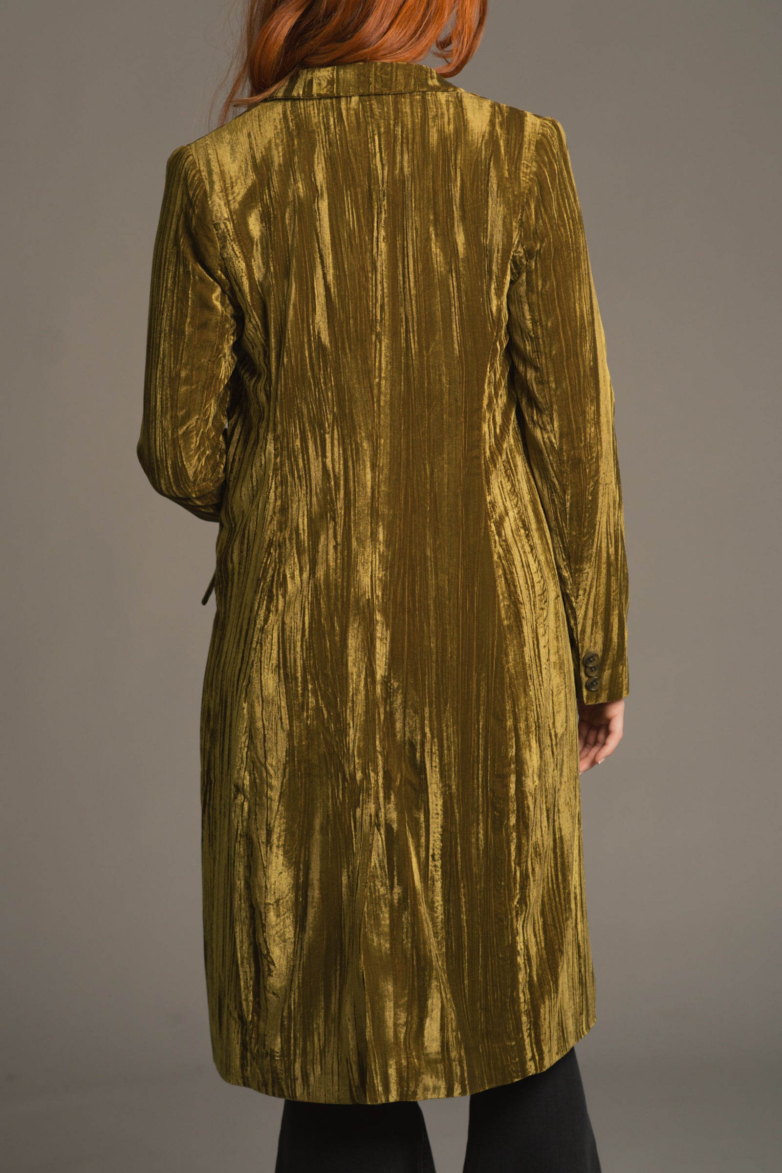 Back view of Jagger Olive jacket highlighting relaxed tailoring and dramatic length