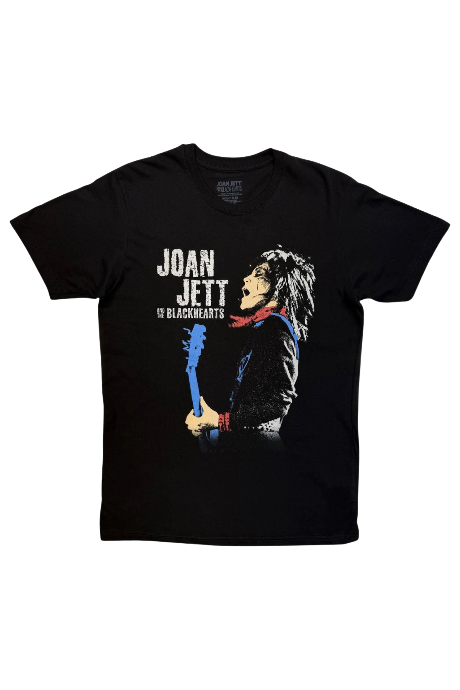 Ghost image of Little Lies Joan Jett and The Blackhearts Blue Guitar Band Tee in black showing distressed logo and guitar graphic