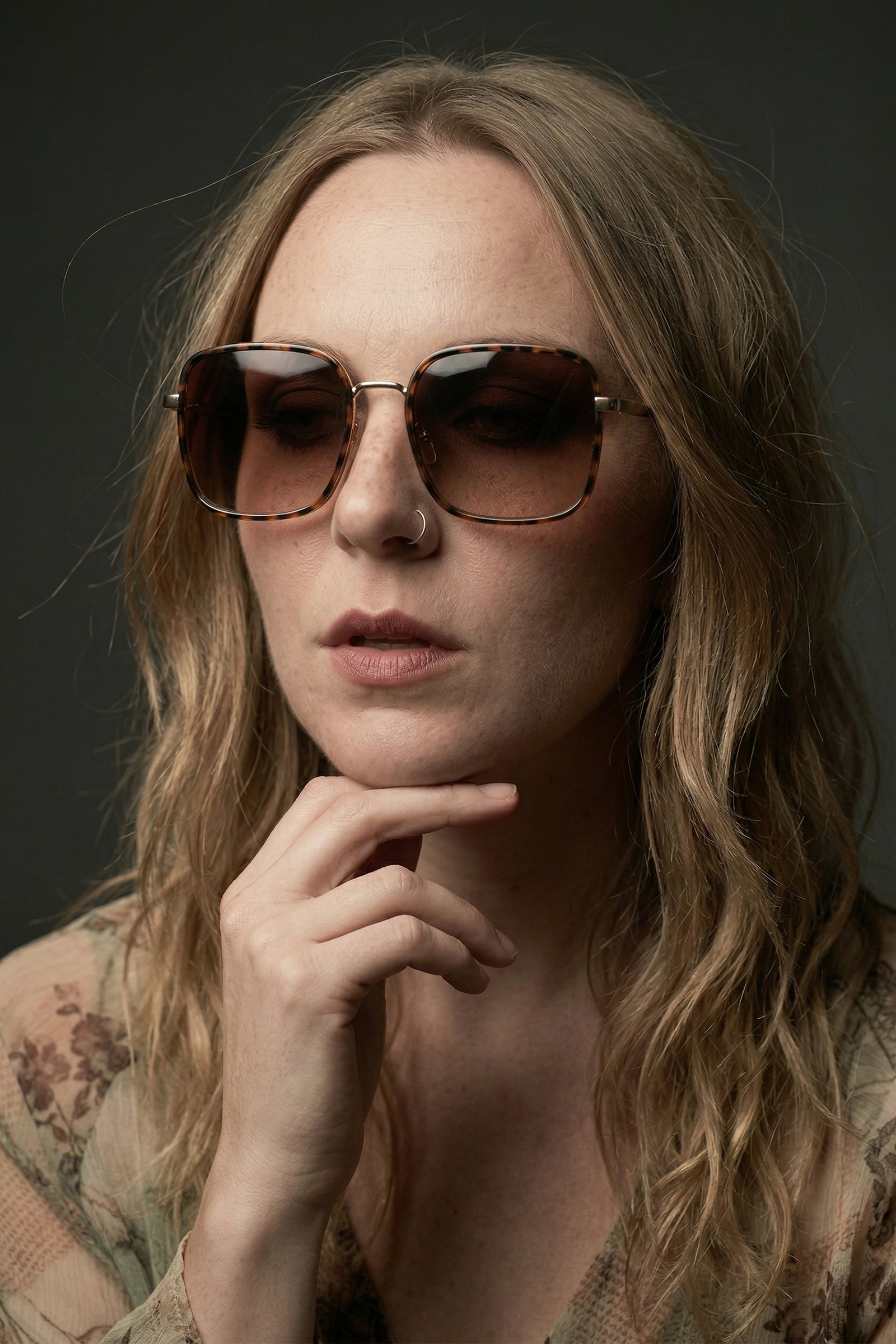 Model wearing oversized square sunglasses styled with Karma Blouse Top