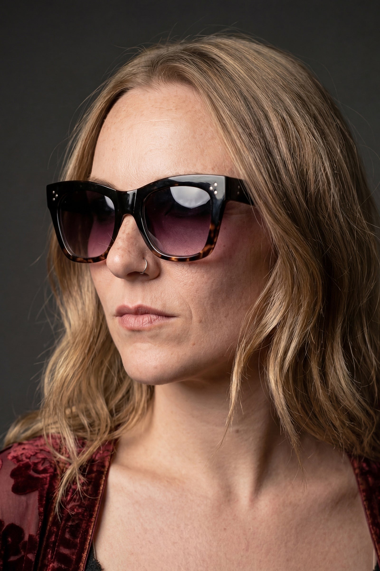 Ombre wayfarer sunglasses styles with Stevie Plum Paisley Kimono