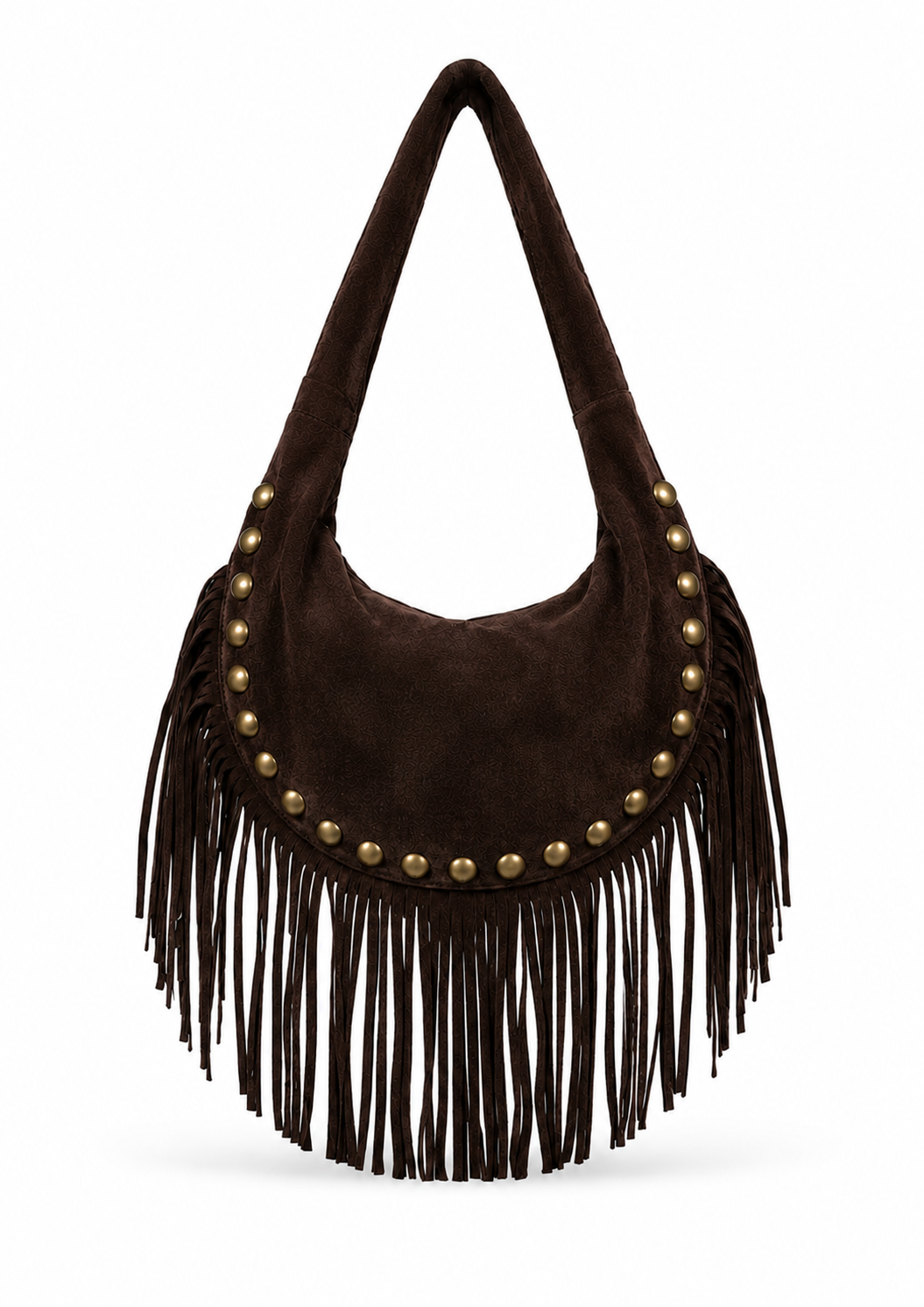Little Lies Kate chocolate suede studded fringe bag – clean front product image with shoulder strap