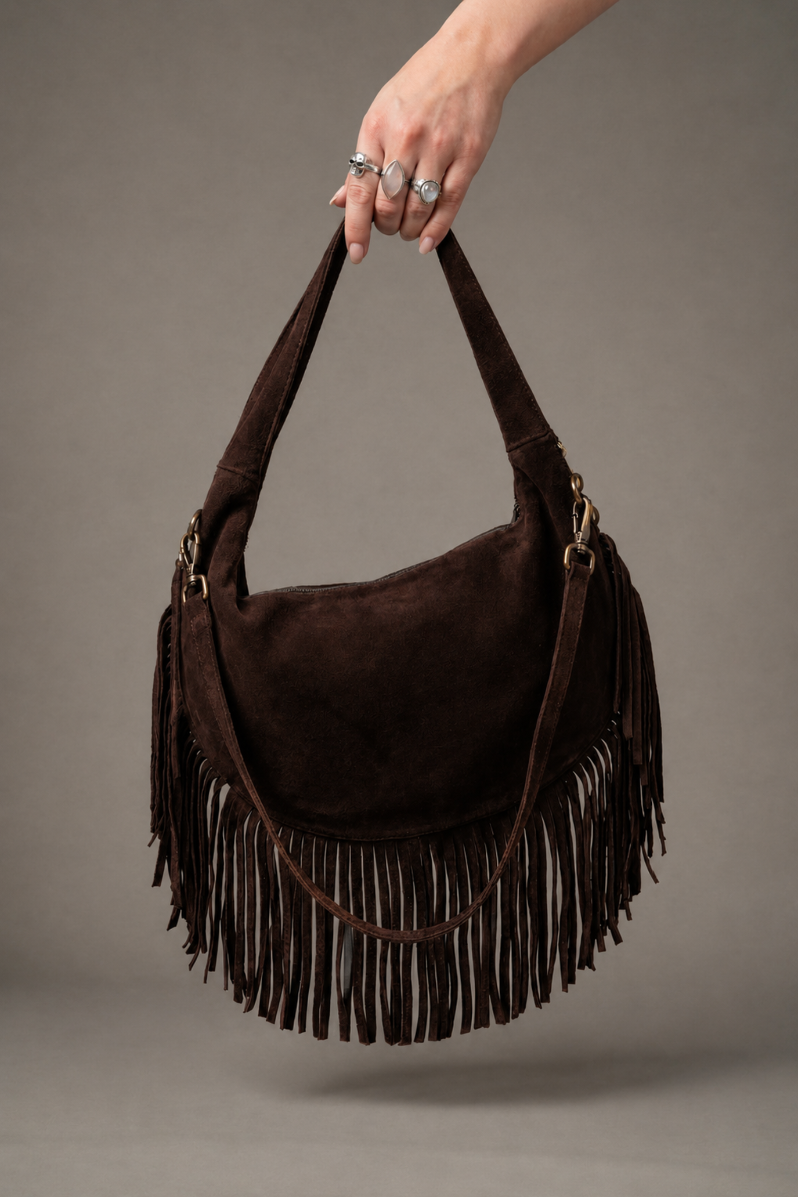 Little Lies Kate chocolate suede studded bag – back view showing fringe trim and crossbody strap