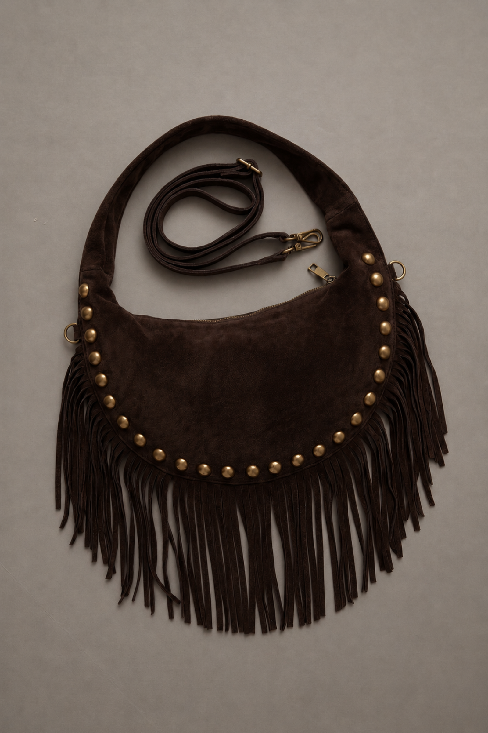 Little Lies Kate chocolate suede studded bag with detachable strap – flat lay showing fringe and hardware