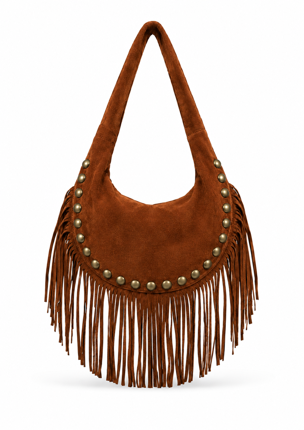 Little Lies Kate tan suede studded fringe bag – clean front product image with shoulder strap