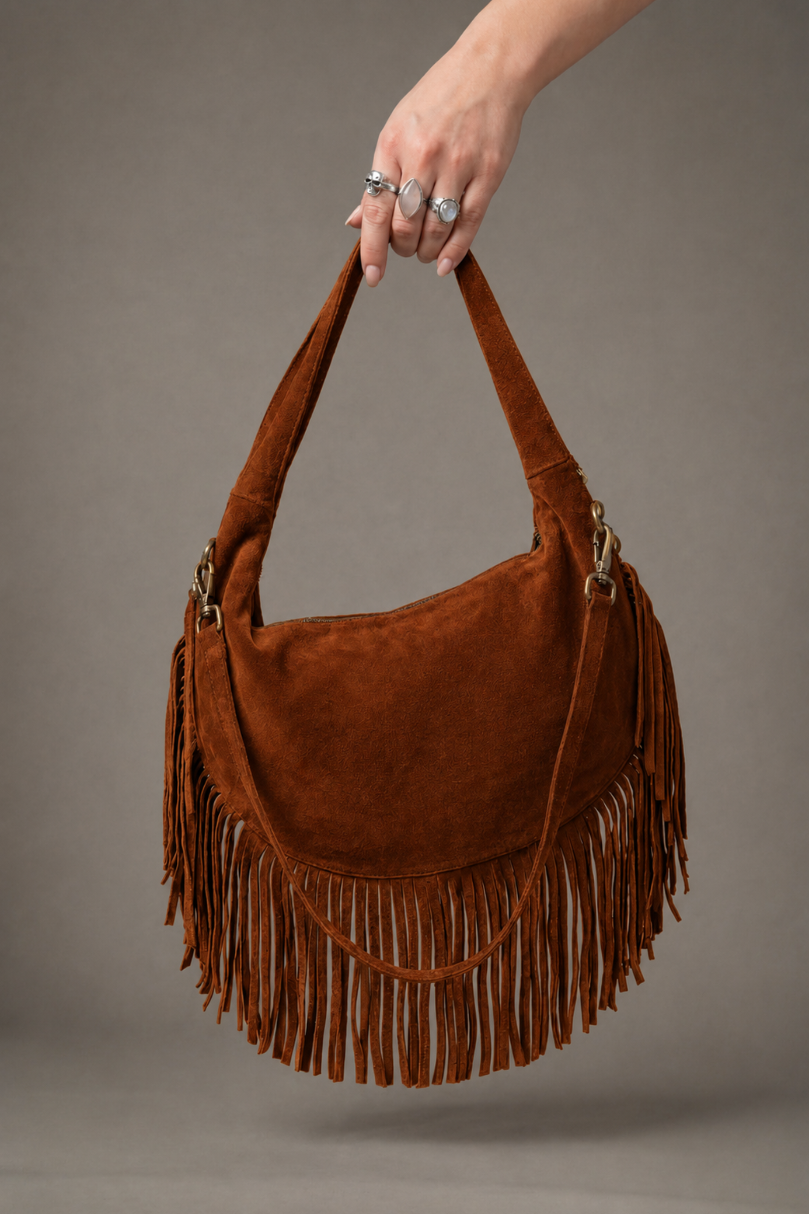 Little Lies Kate tan suede studded bag – back view showing fringe trim and crossbody strap