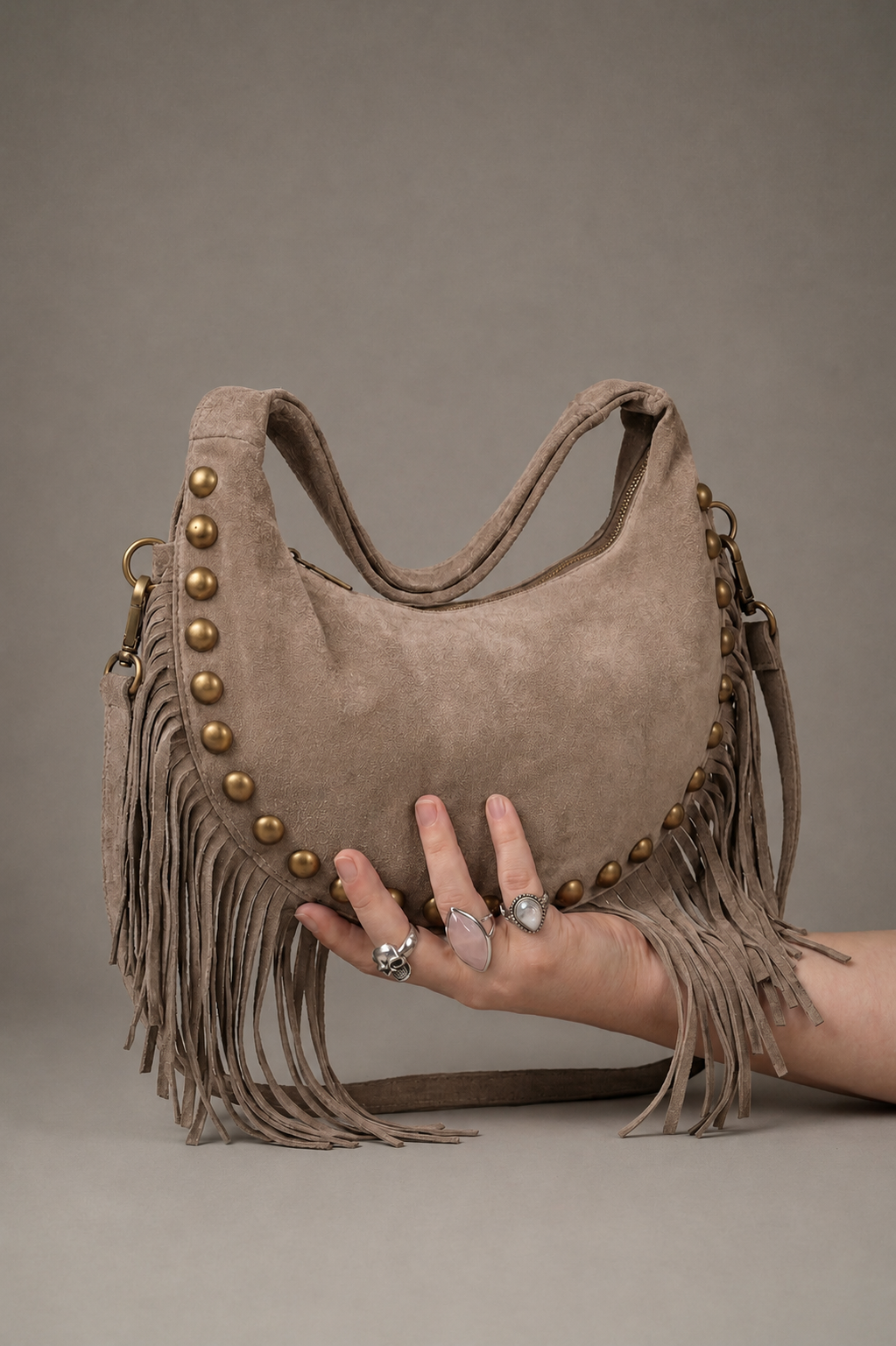 Little Lies Kate taupe genuine suede studded fringe bag, slouchy hobo style with tassel trim, handheld product view