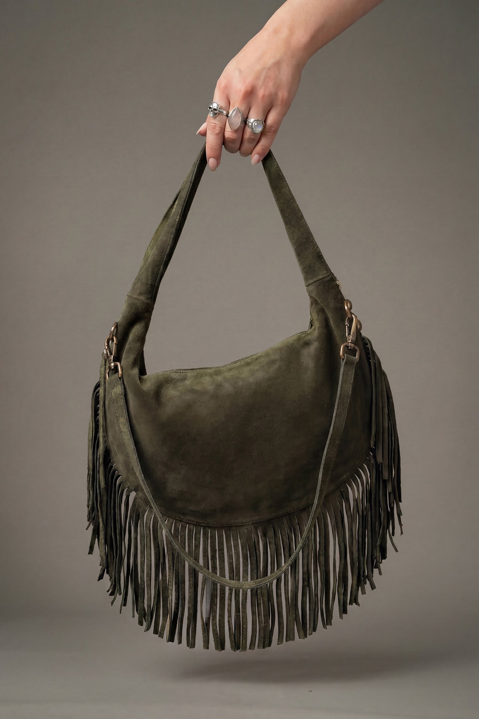 Kate khaki genuine suede studded fringe slouchy bag back view
