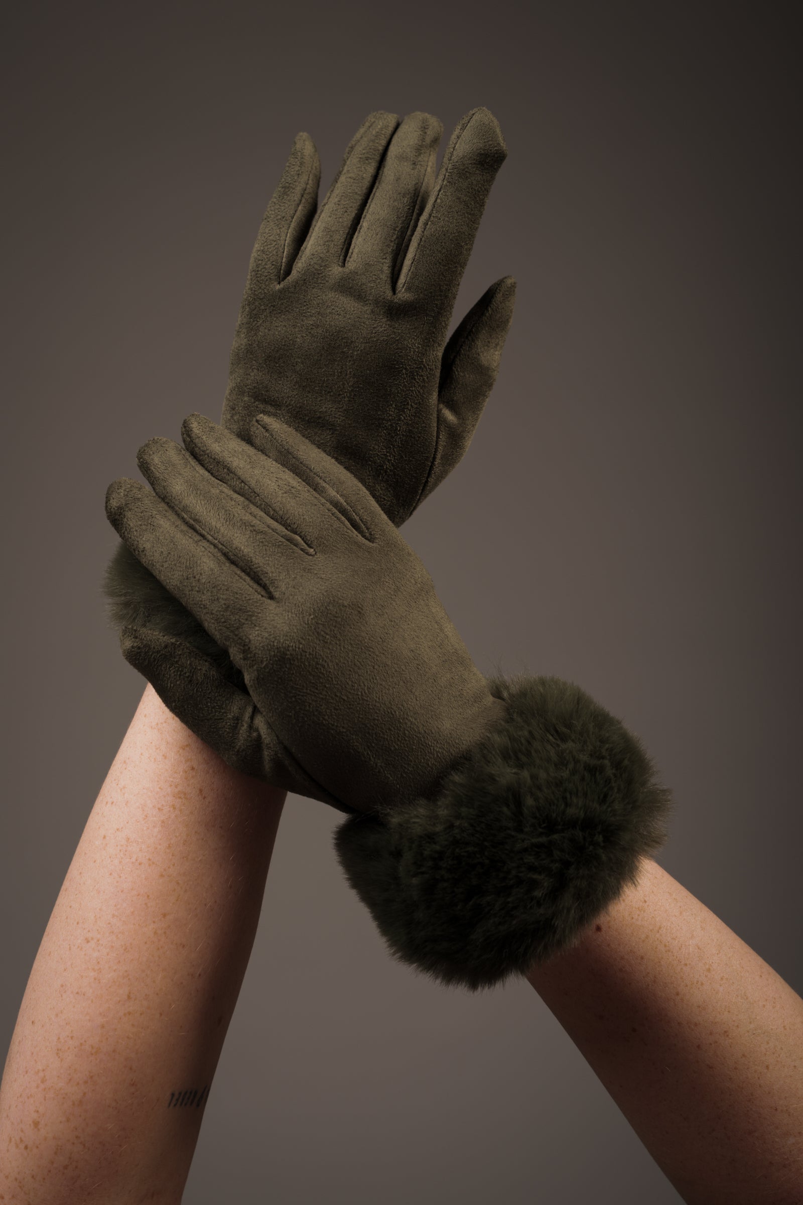 Khaki Faux Fur Cuff Gloves