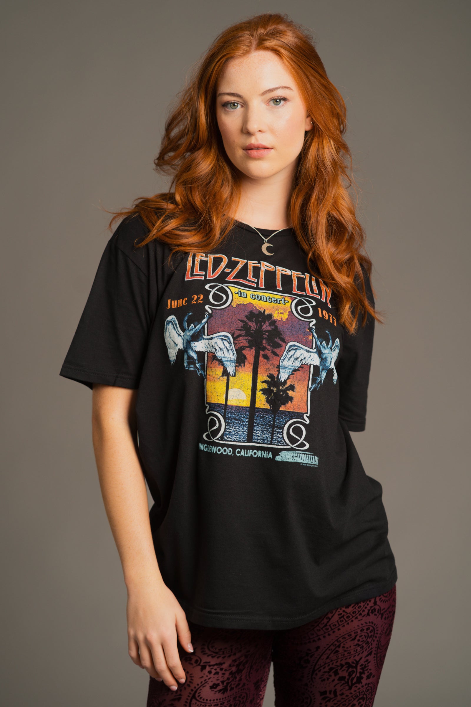 Anna wears Led Zeppelin Inglewood Band Tee with graphic print over Hendrix Devore Plum Flares – vintage rock tee styled with patterned plum flares for bold boho look.