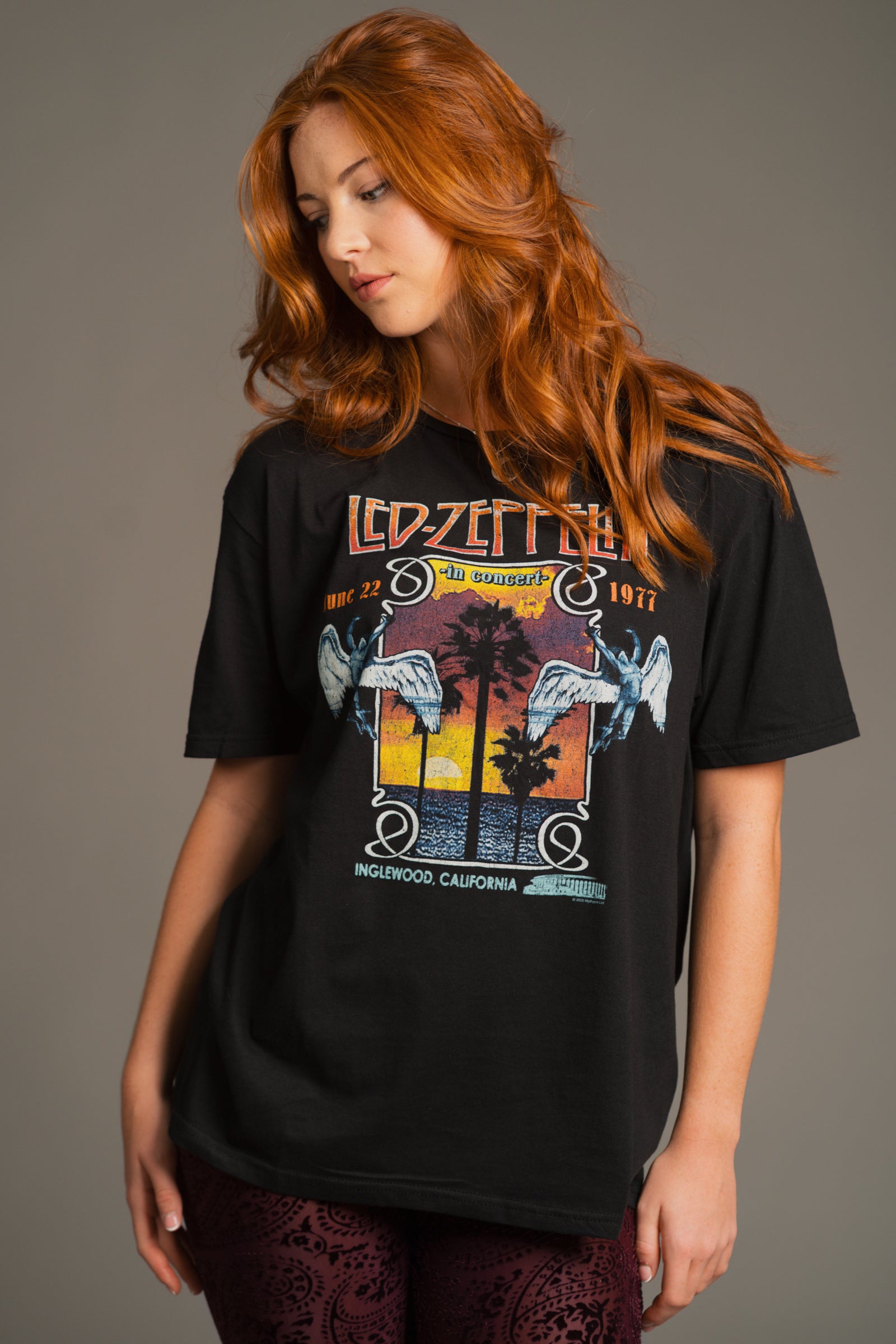 Anna wears Led Zeppelin Inglewood Band Tee with graphic print over Hendrix Devore Plum Flares – vintage rock tee styled with patterned plum flares for bold boho look.