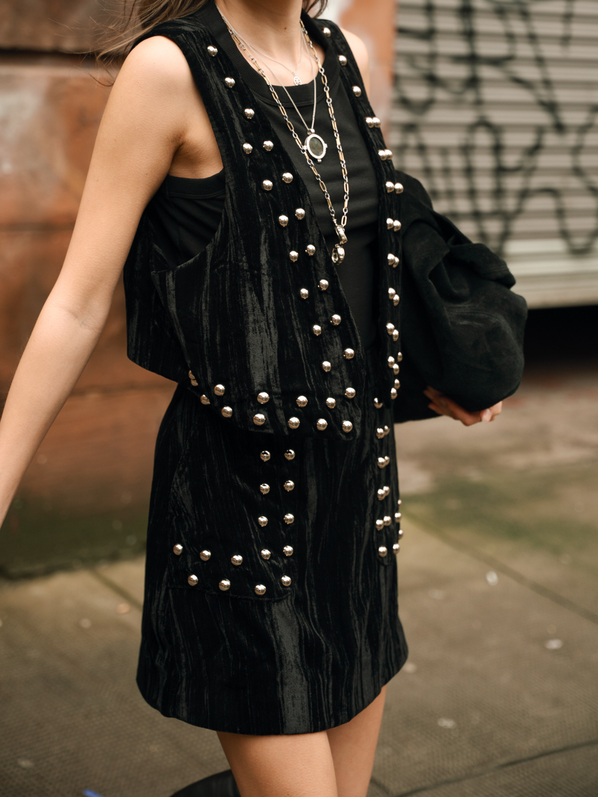 Little Lies Lennon Studded Velvet Co-ord skirt and waistcoat close-up styled in Glasgow.