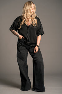 Back view of Little Lies Lita Studded Satin Tee showing relaxed premium satin fit