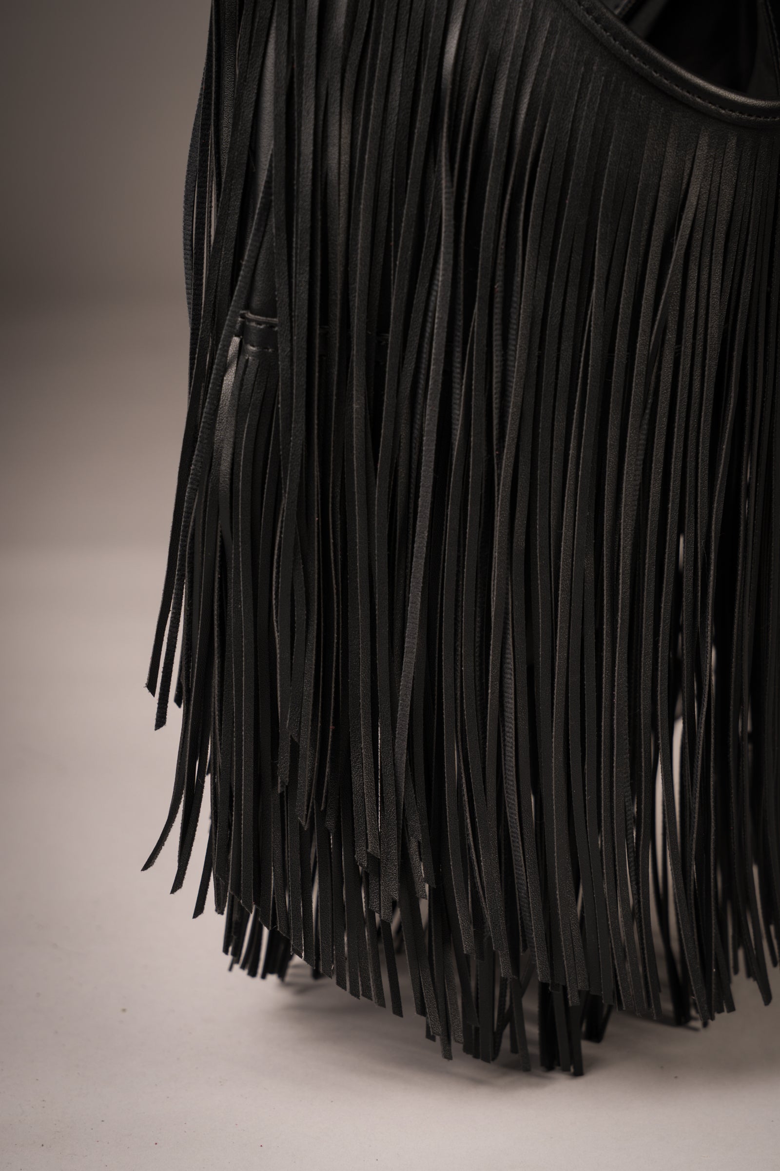 Rhiannon Black Faux Leather Fringed Bag