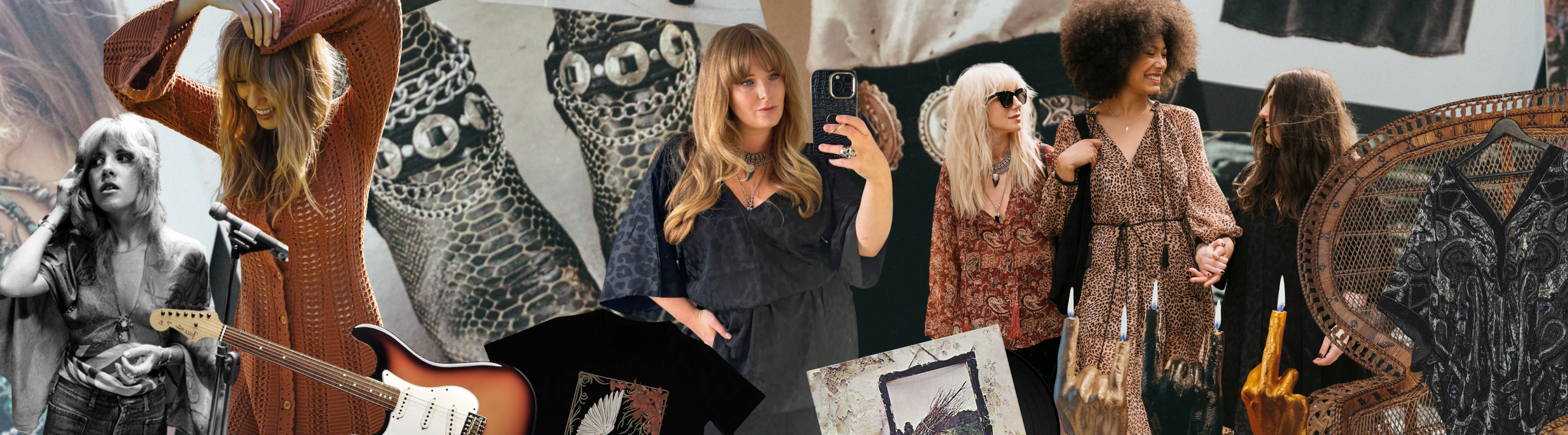 Collage featuring Little Lies boho fashion with 70s-inspired styles including leopard print dresses, black jacquard kimono, crochet knitwear, vintage band tees, and Stevie Nicks inspiration. Rock 'n roll aesthetic with retro textures, bold prints, and fringe detailing. A celebration of boho style, festival fashion, and Little Lies community.