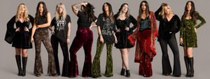Little Lies velvet restocks collection featuring Hendrix Velvet Flares, Sweet Jane Velvet Mini Dress, Dylan Velvet Tee and bestselling crushed velvet styles