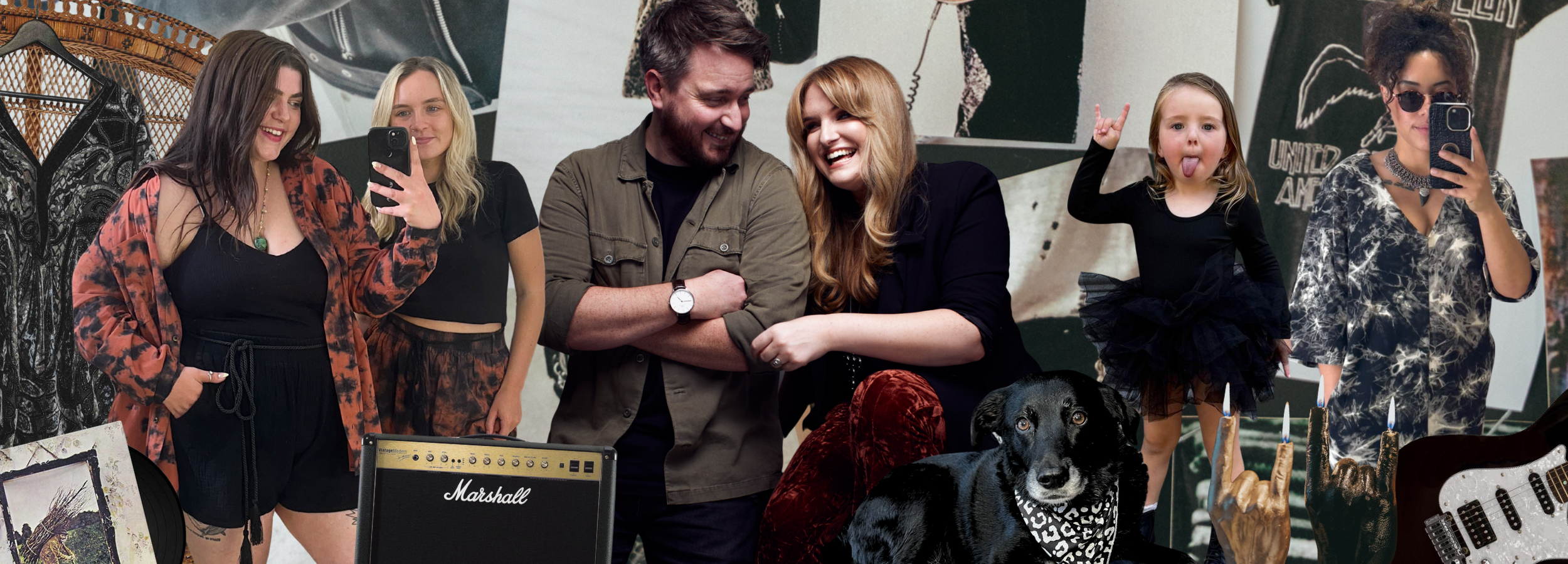 A collage-style graphic introducing the Little Lies team, featuring cut-out photos of team members in boho-rock outfits, behind-the-scenes studio props, and rock 'n roll elements like a Marshall amp, Fleetwood Mac vinyl, guitars, and a dog in a bandana. The design blends playful personality with creative energy, capturing the spirit of the brand's community.