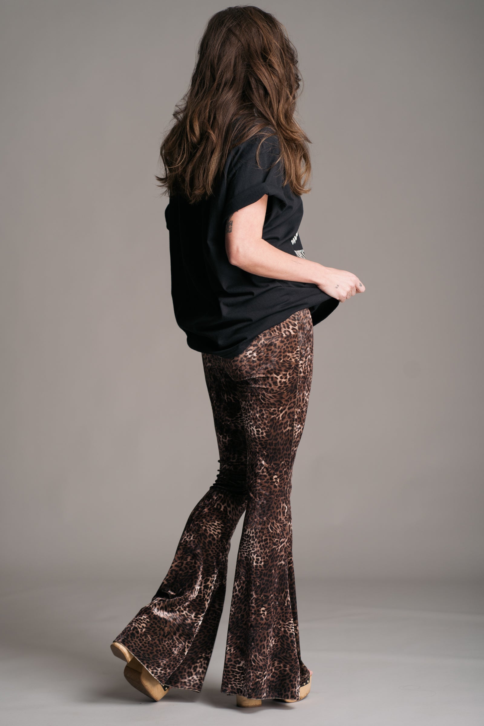Little Lies Hendrix Leopard Velvet Flares worn with Led Zeppelin 1977 Tour Band Tee on Brunette model.