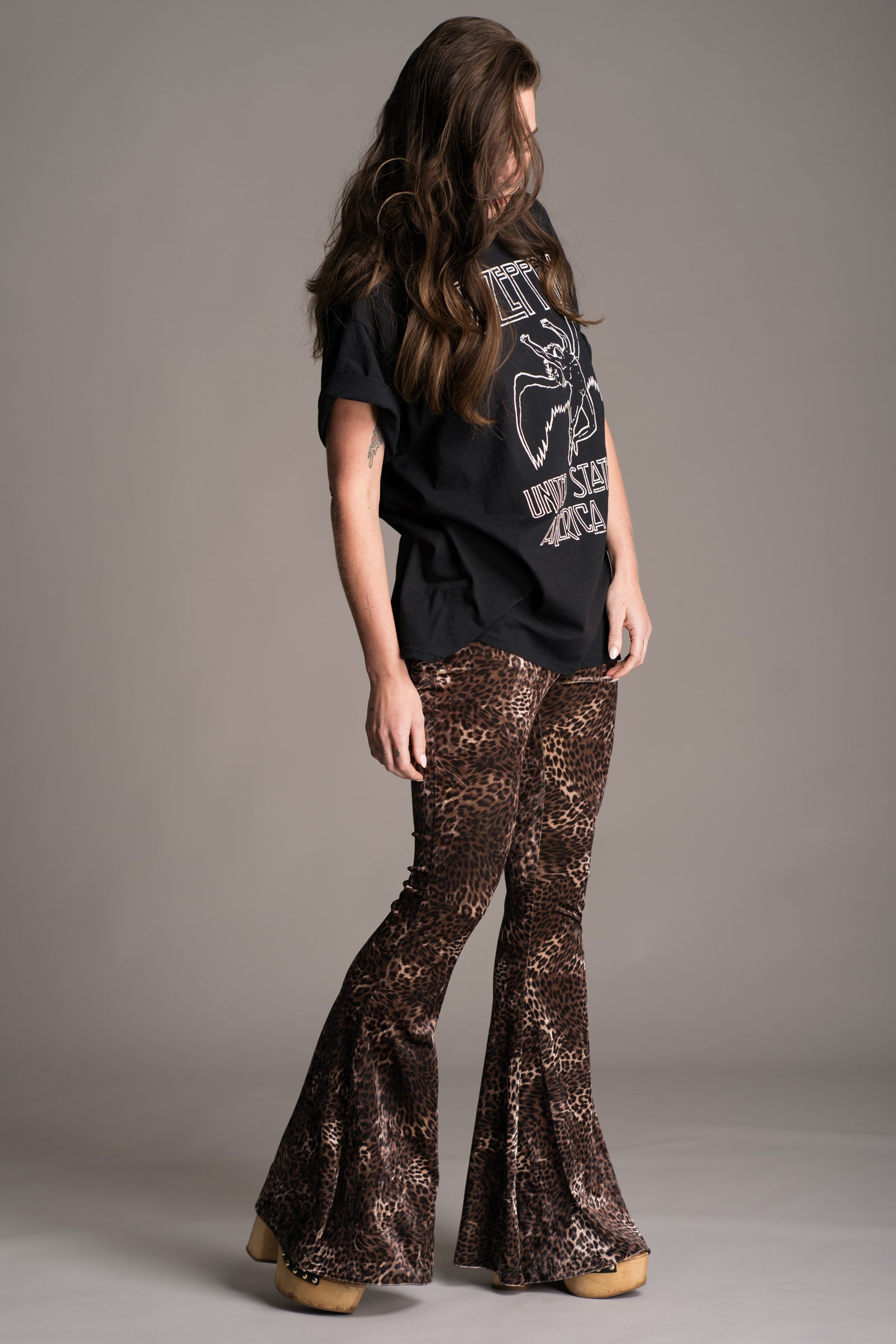 Little Lies Hendrix Leopard Velvet Flares worn with Led Zeppelin 1977 Tour Band Tee on Brunette model.