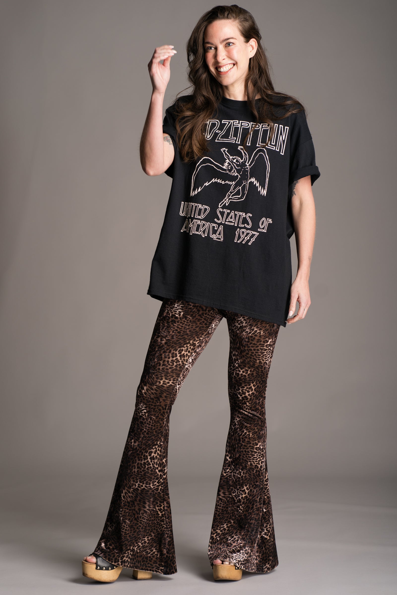 Little Lies Hendrix Leopard Velvet Flares worn with Led Zeppelin 1977 Tour Band Tee on Brunette model.